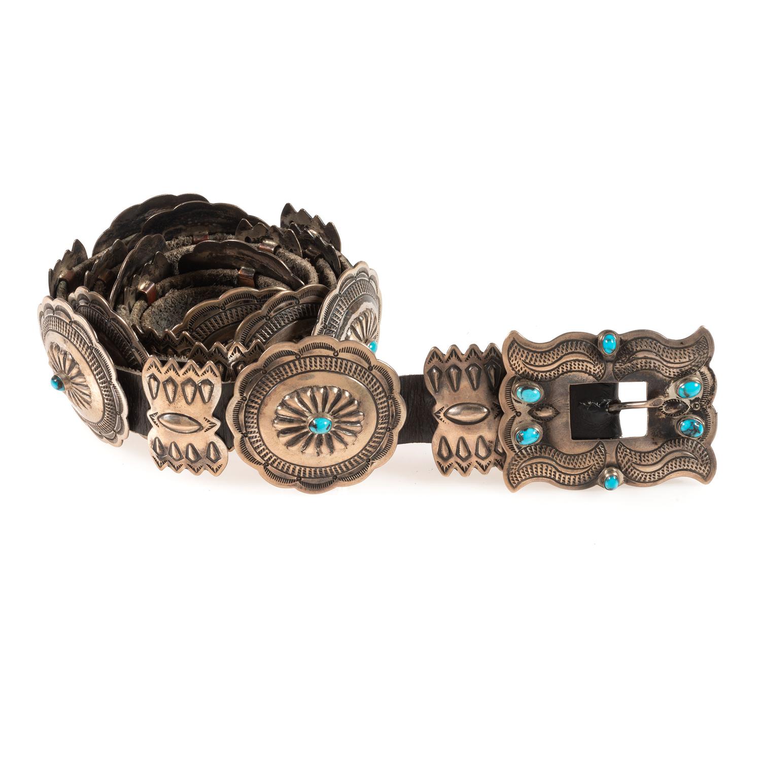 Navajo Stamped Silver and Turquoise Concha Belt