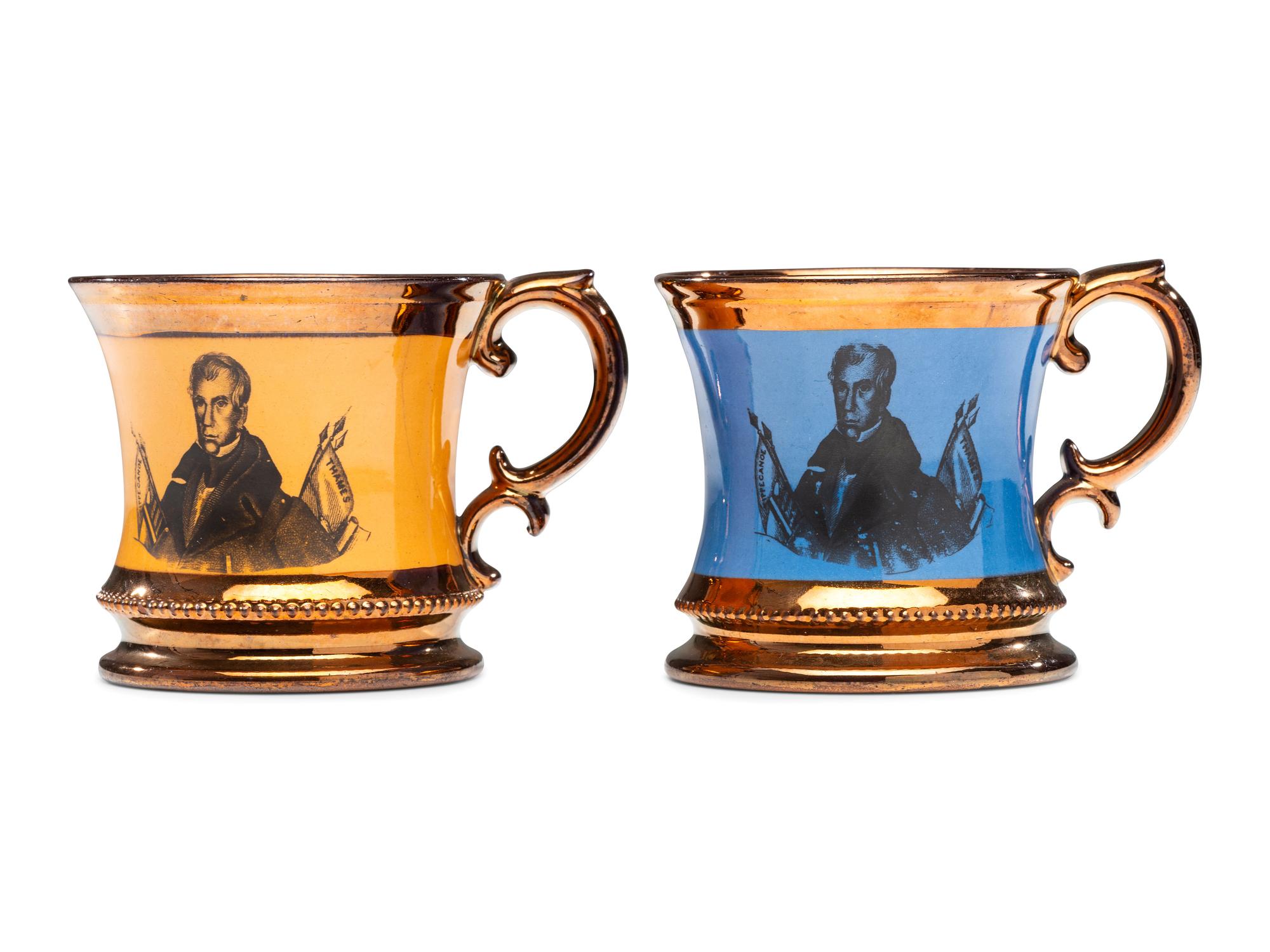 Two Transfer-Printed 'William Henry Harrison' Copper Lustre Mugs