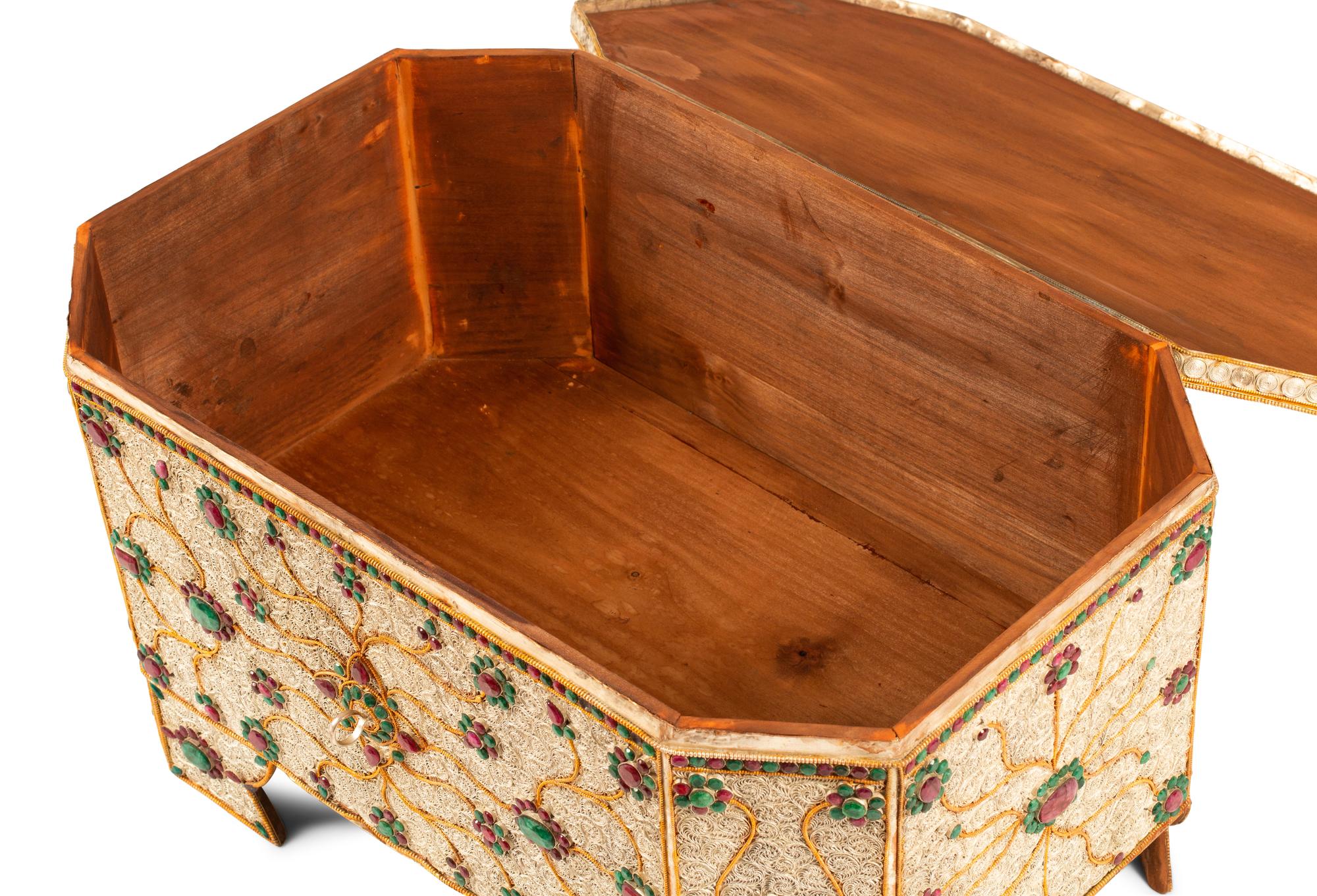 A Mughal Style Ruby, Emerald, Silvered and Gilt Filigree Table Casket