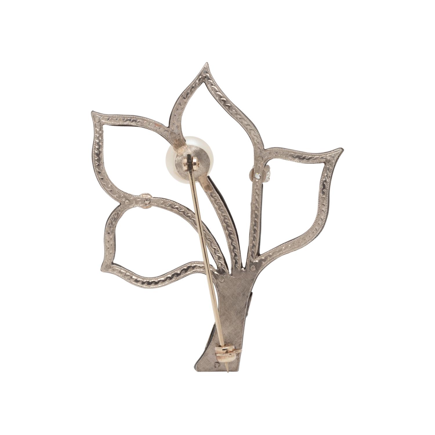 MARSH & CO, ART MODERNE, BLACKENED STEEL, CULTURED PEARL AND DIAMOND BROOCH