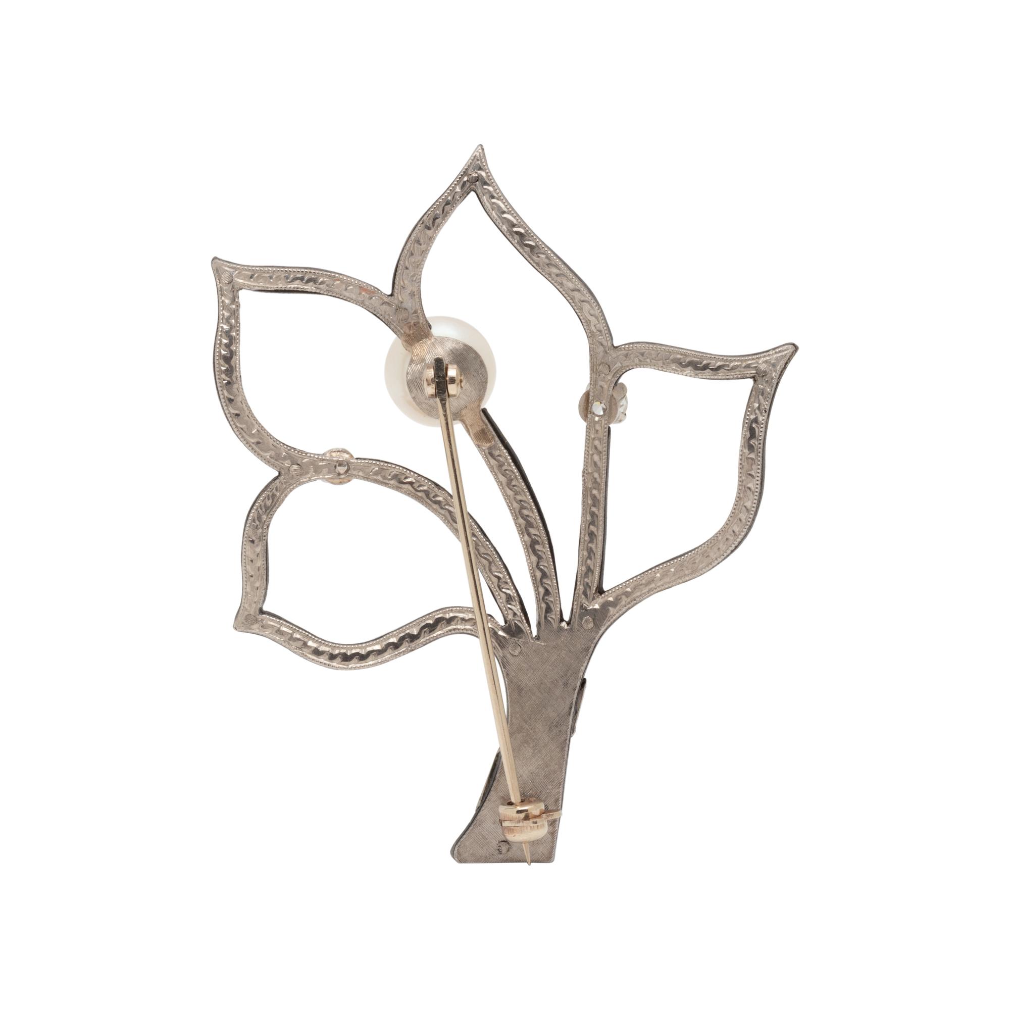 MARSH & CO, ART MODERNE, BLACKENED STEEL, CULTURED PEARL AND DIAMOND BROOCH