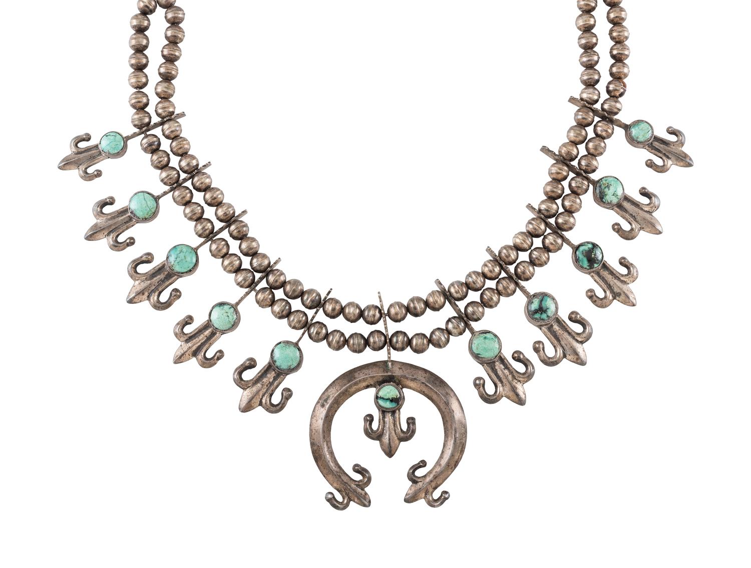 Navajo Silver and Turquoise Squash Blossom Necklace
