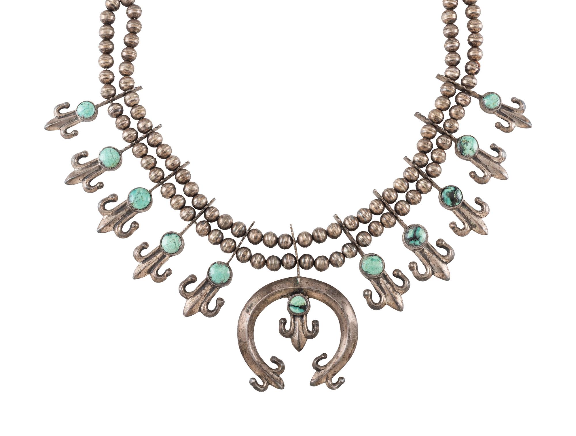 Navajo Silver and Turquoise Squash Blossom Necklace