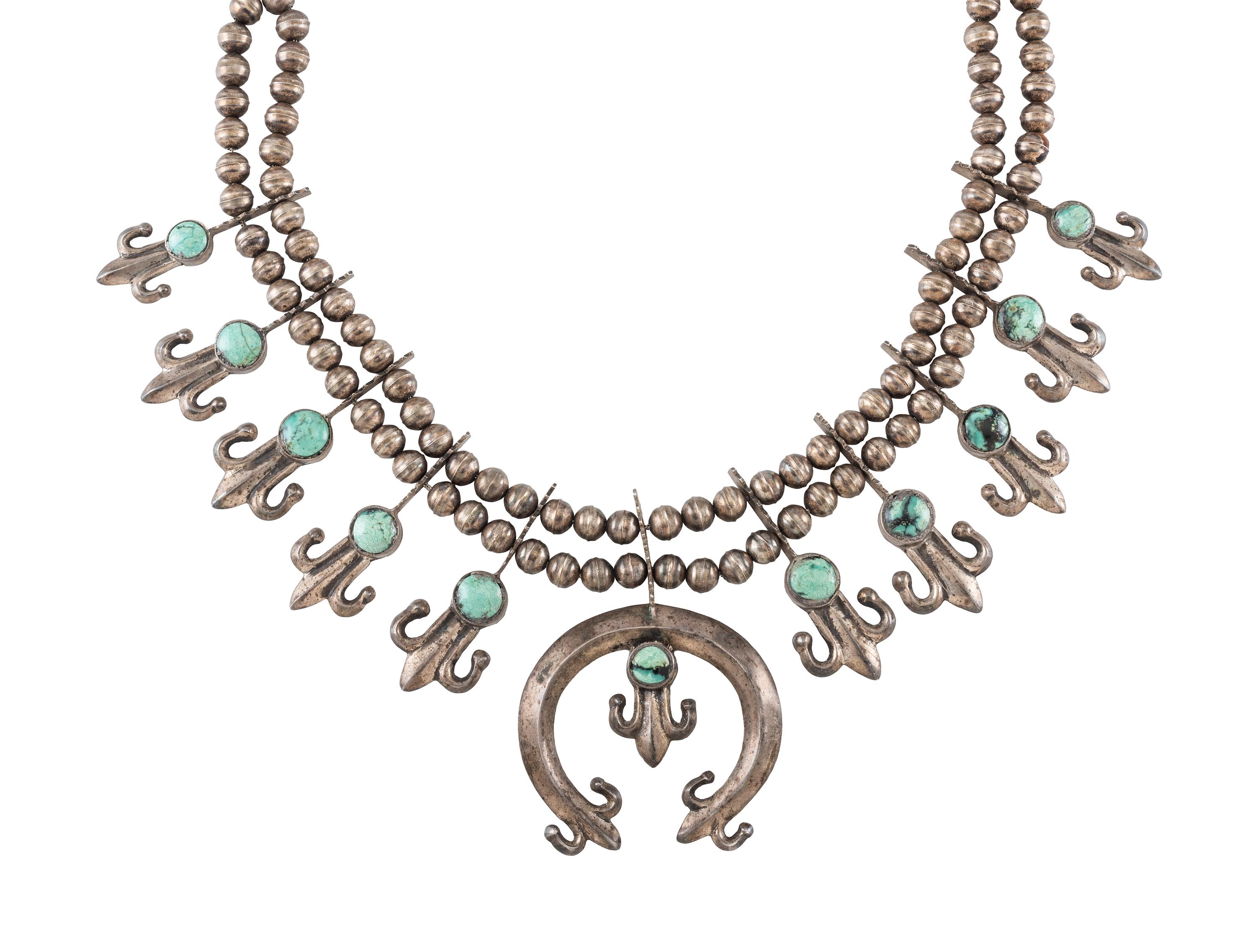 Navajo Silver and Turquoise Squash Blossom Necklace