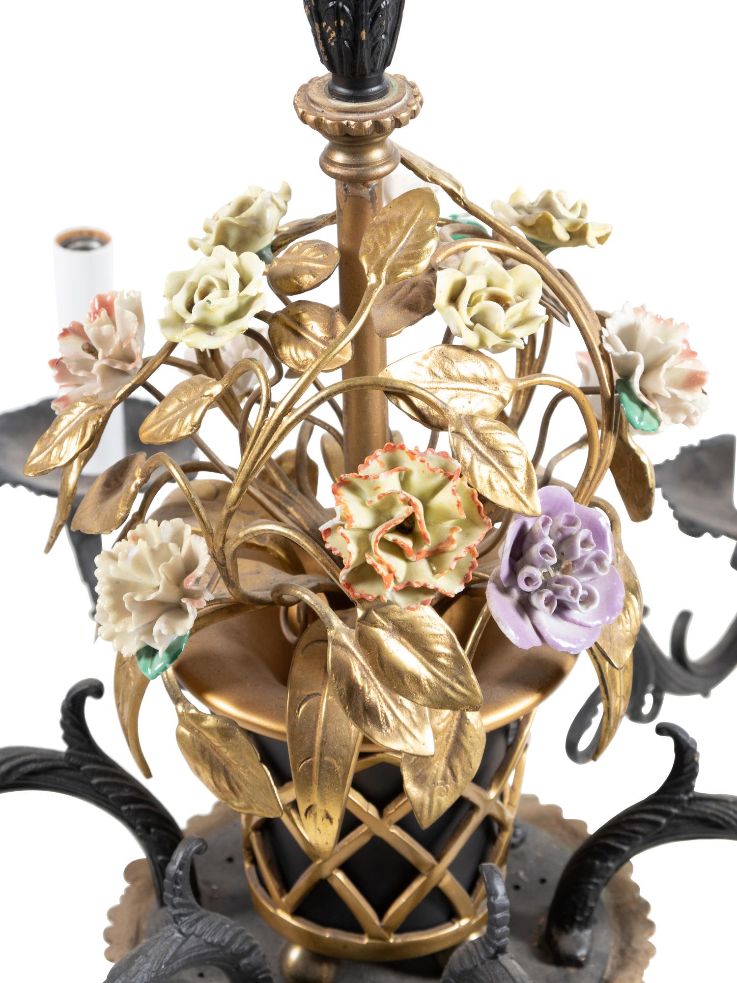 A French Porcelain, Tôle and Cast Metal Six-Light Chandelier