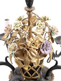 A French Porcelain, Tôle and Cast Metal Six-Light Chandelier