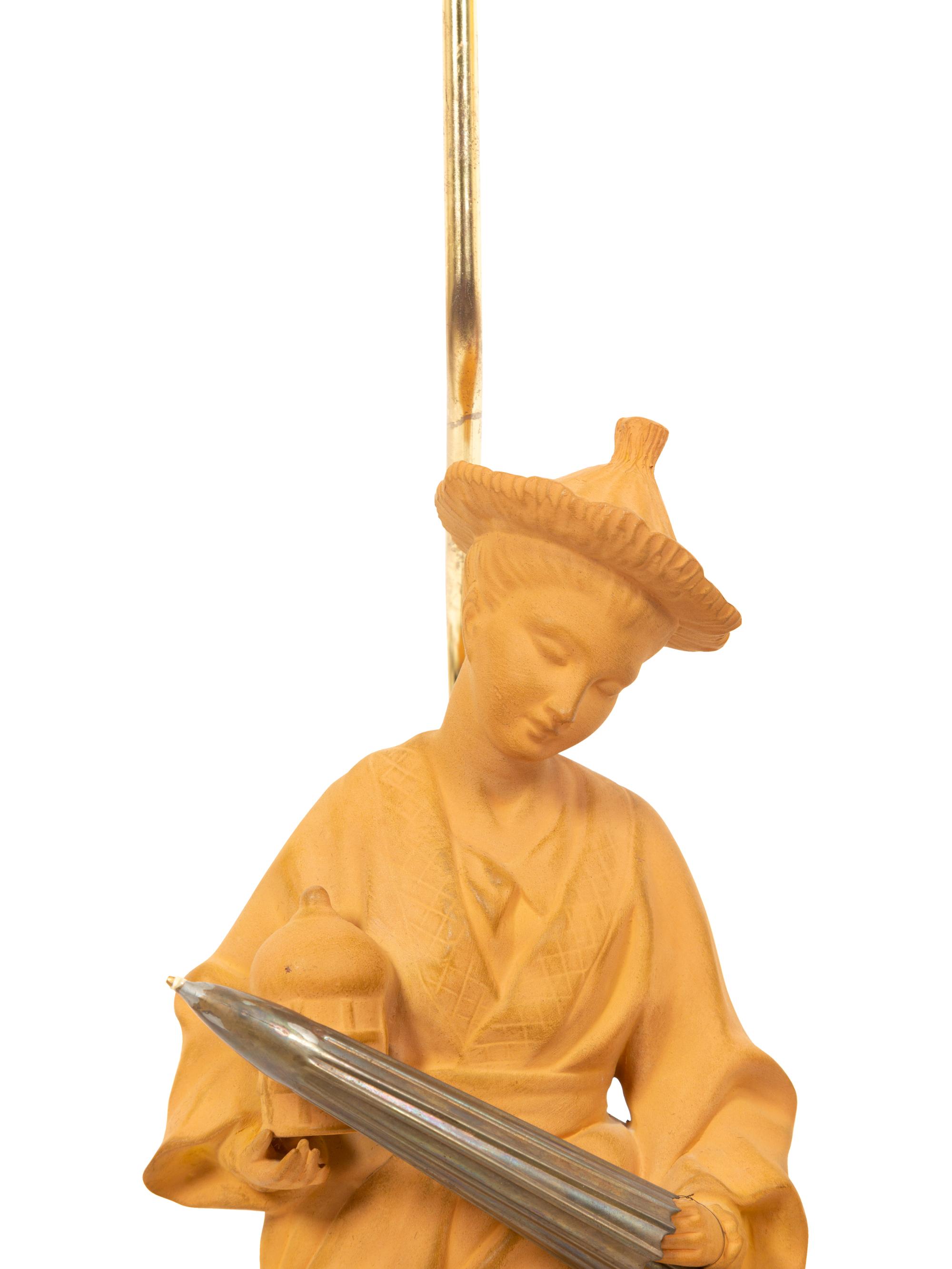 A Pair of Terracotta Chinese Figures Mounted as Lamps