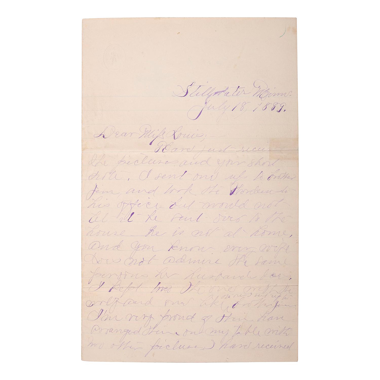 [OUTLAWS & LAWMEN]. YOUNGER, Henrietta (1857-1915). Autograph letter signed to Miss Louie. Stillwater, MN, 18 July 1889. 4 pages, 8vo, creasing, partial separation at folds repaired with tape.