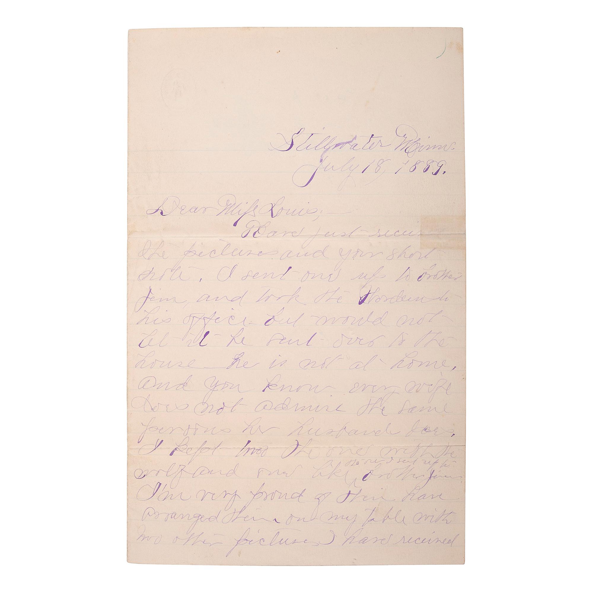 [OUTLAWS & LAWMEN]. YOUNGER, Henrietta (1857-1915). Autograph letter signed to Miss Louie. Stillwater, MN, 18 July 1889. 4 pages, 8vo, creasing, partial separation at folds repaired with tape.