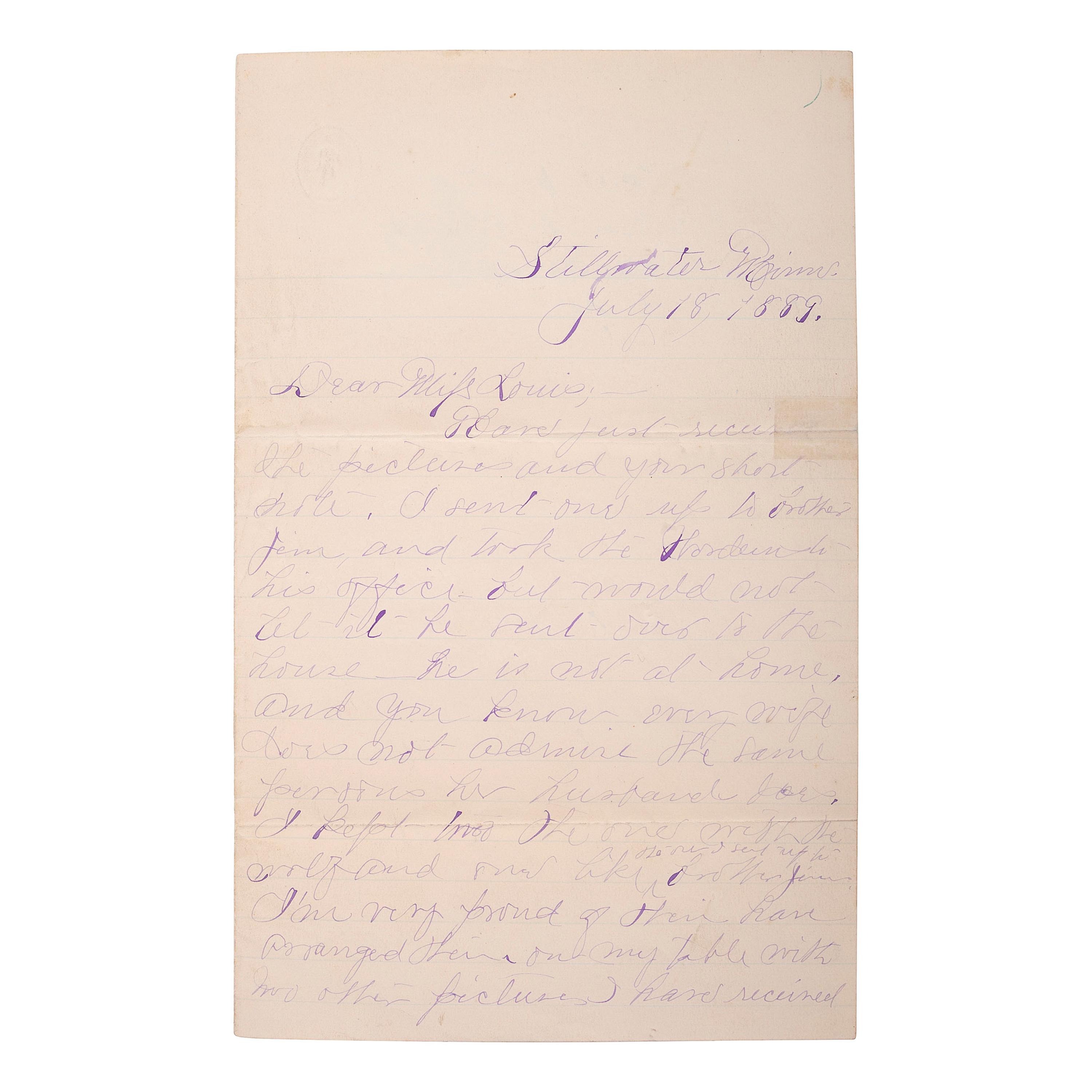 [OUTLAWS & LAWMEN]. YOUNGER, Henrietta (1857-1915). Autograph letter signed to Miss Louie. Stillwater, MN, 18 July 1889. 4 pages, 8vo, creasing, partial separation at folds repaired with tape.