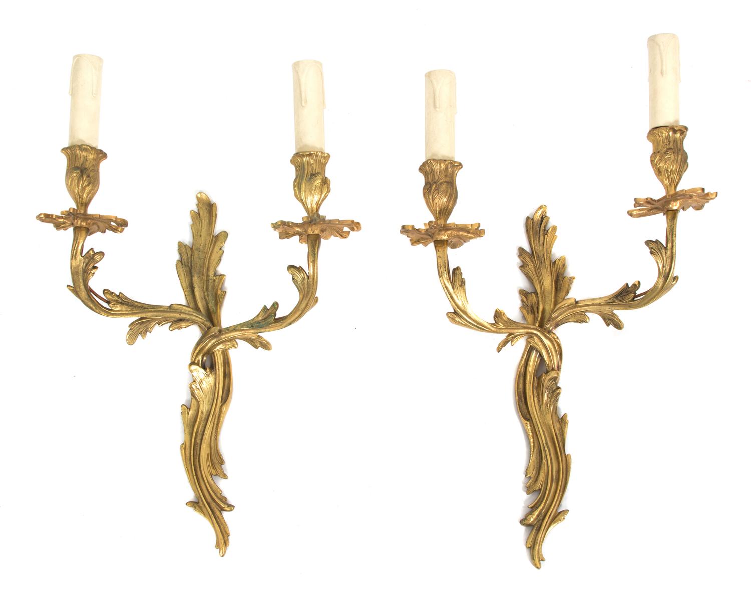 A Pair of Louis XV Style Gilt Bronze Two-Light Wall Sconces Height 16 1/2 inches. — LATE 19TH CENTURY