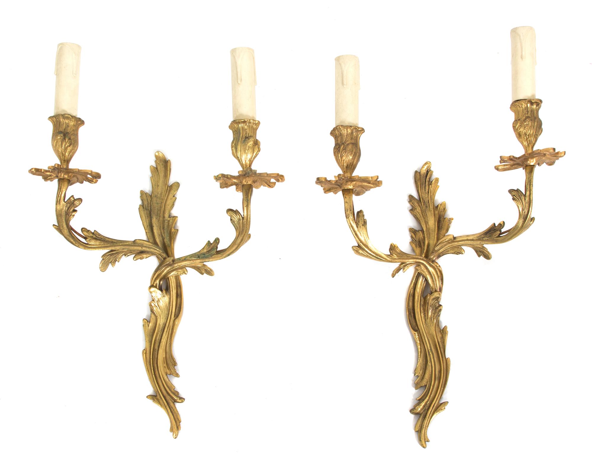 A Pair of Louis XV Style Gilt Bronze Two-Light Wall Sconces Height 16 1/2 inches. — LATE 19TH CENTURY