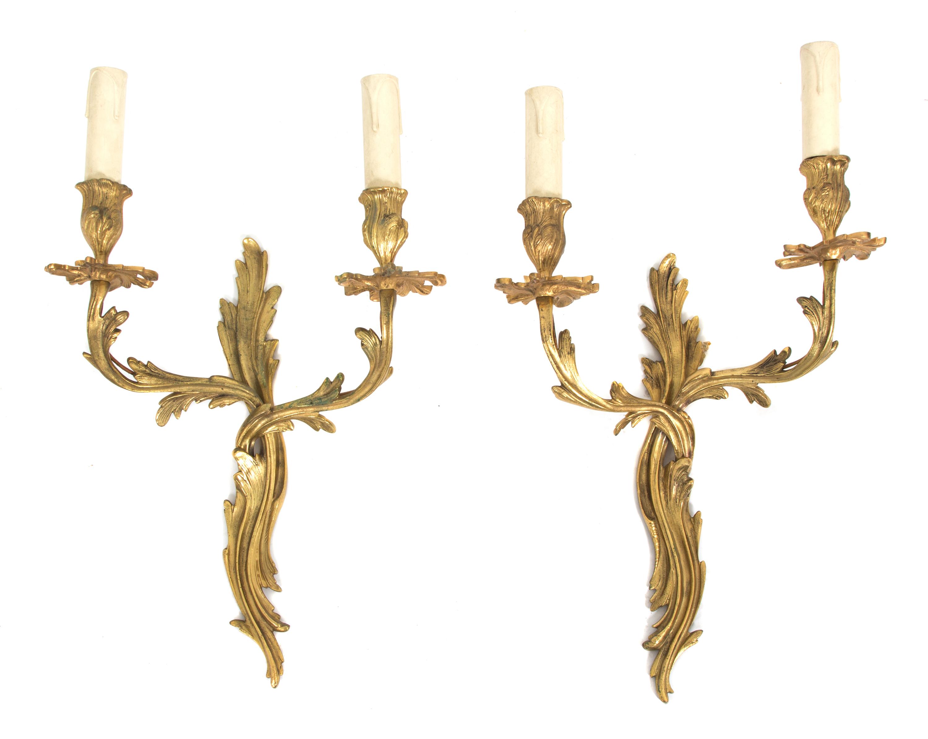 A Pair of Louis XV Style Gilt Bronze Two-Light Wall Sconces Height 16 1/2 inches. — LATE 19TH CENTURY