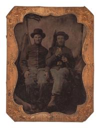 [CIVIL WAR]. Two photographs of Federal soldiers, incl. quarter plate ruby ambrotype of a double-armed soldier and tintype of Union pards.