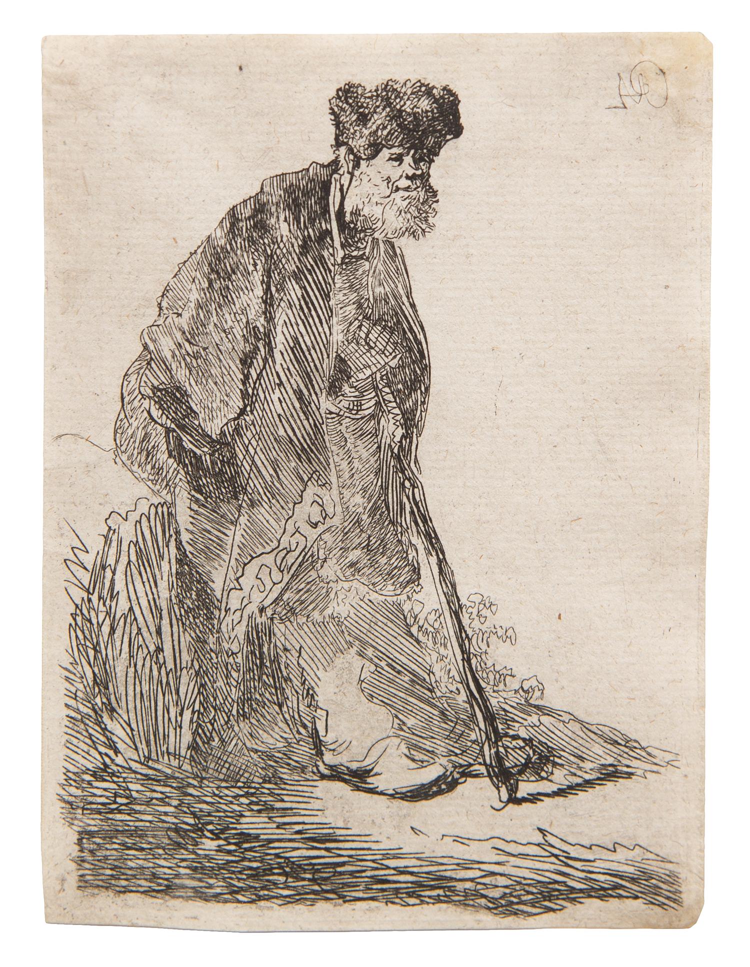 Rembrandt van Rijn, (Dutch, 1606–1669), Man in Cloak & Fur Cap, Leaning Against a Bank, c. 1630