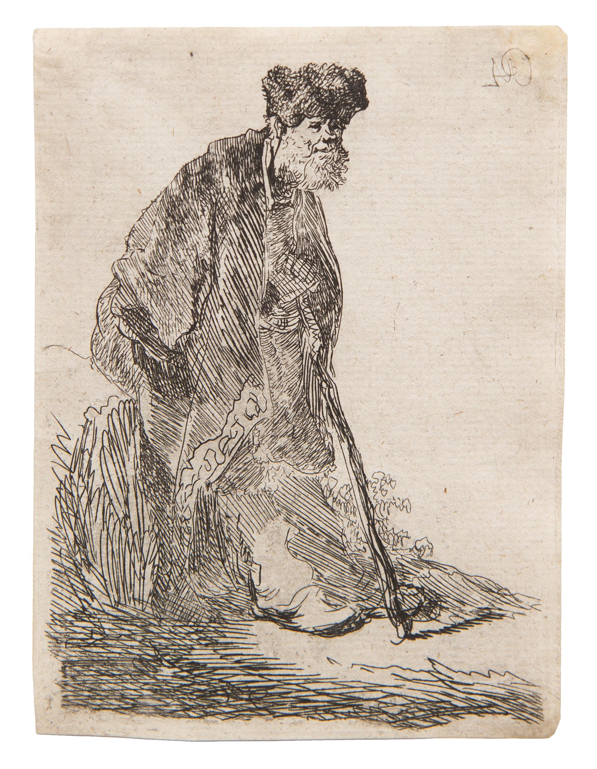 Rembrandt van Rijn, (Dutch, 1606–1669), Man in Cloak & Fur Cap, Leaning Against a Bank, c. 1630