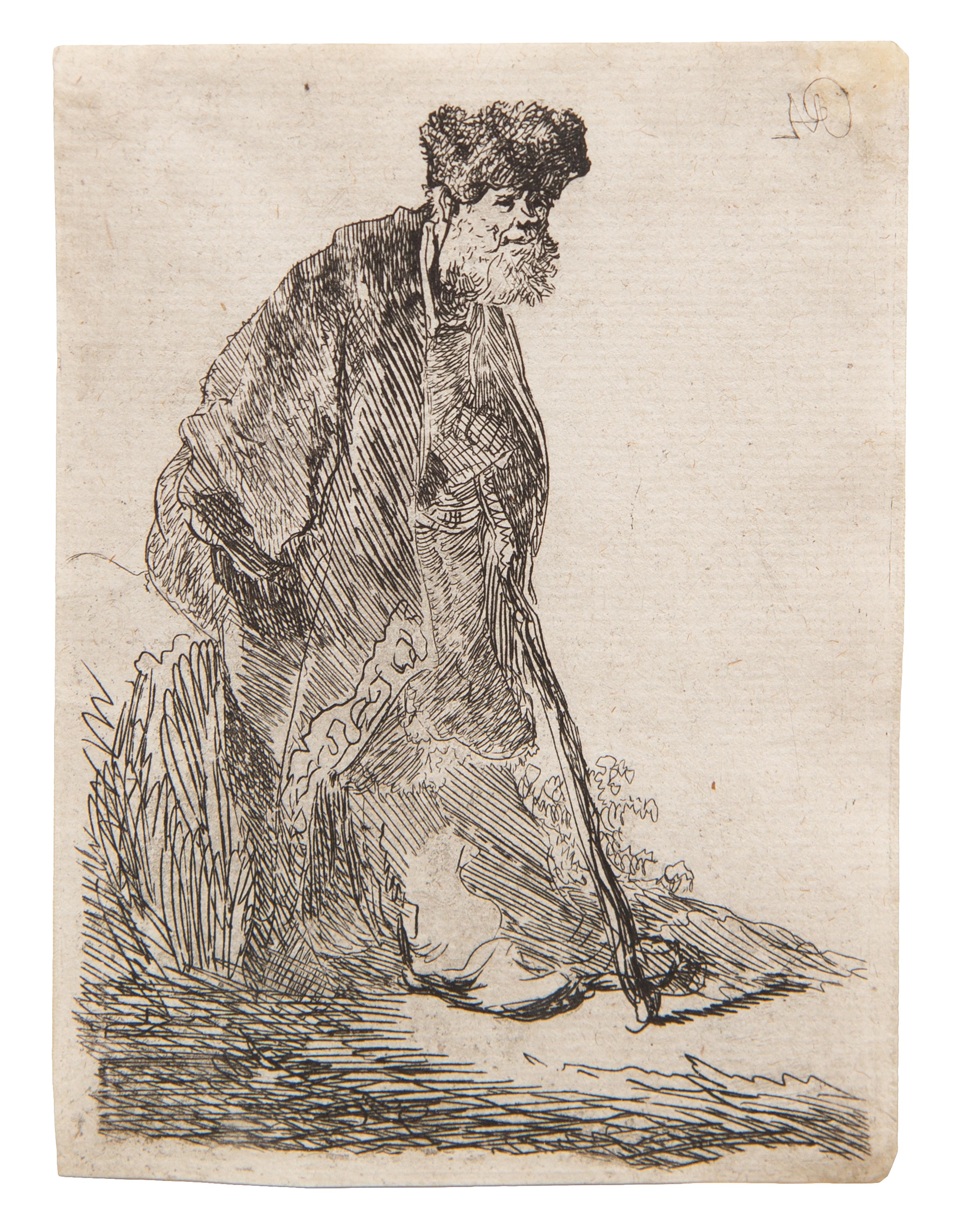 Rembrandt van Rijn, (Dutch, 1606–1669), Man in Cloak & Fur Cap, Leaning Against a Bank, c. 1630