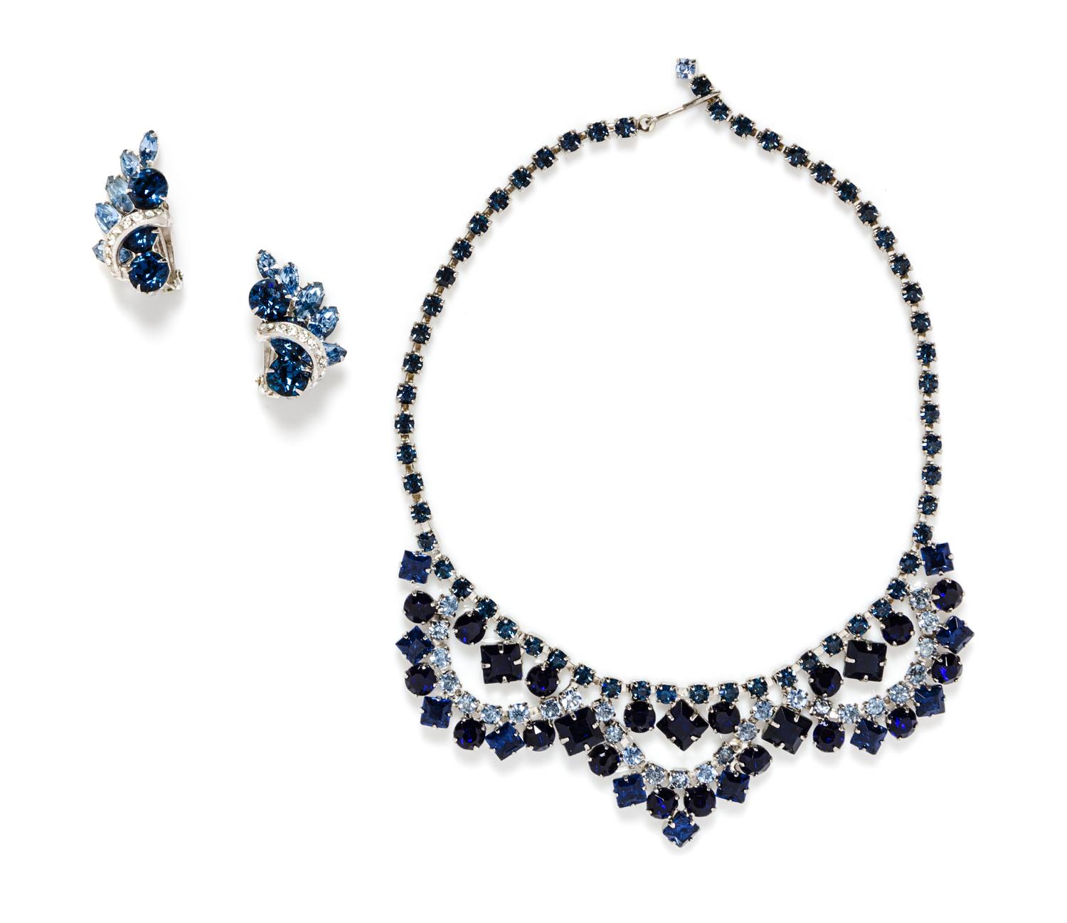 A Pair of Eisenberg Silvertone Blue Rhinestone Earclips,