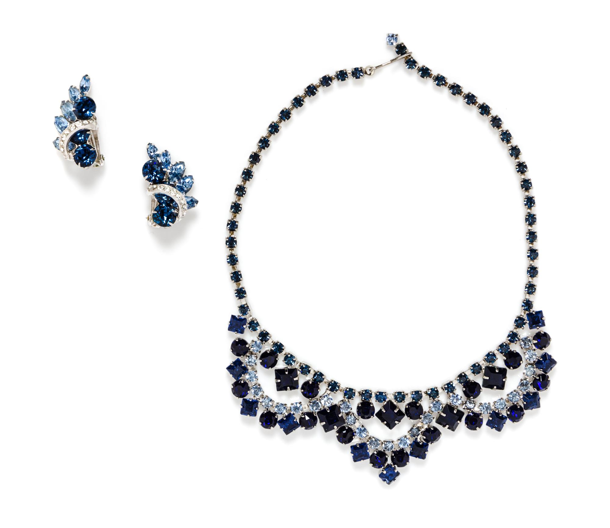 A Pair of Eisenberg Silvertone Blue Rhinestone Earclips,
