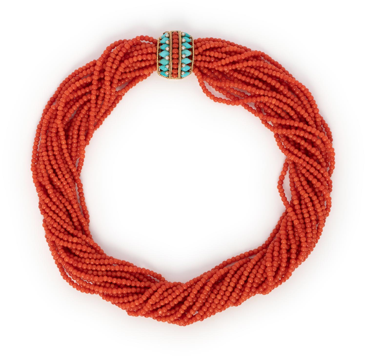CORAL, TURQUOISE AND PEARL TORSADE SET
