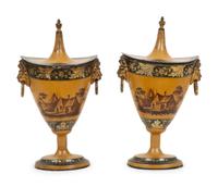 A Pair of Continental Tole Peinte Chestnut Urns
