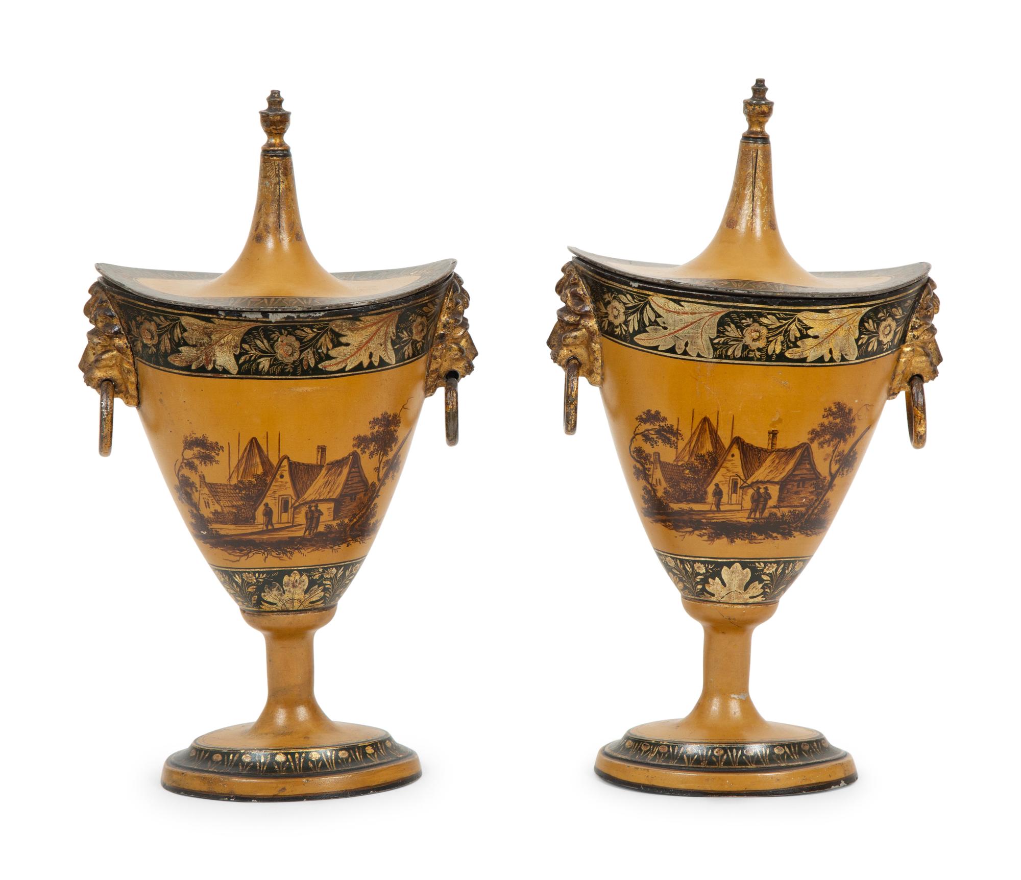 A Pair of Continental Tole Peinte Chestnut Urns