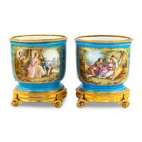 A Pair of Sèvres Style Porcelain and Gilt Bronze Mounted Cache Pots