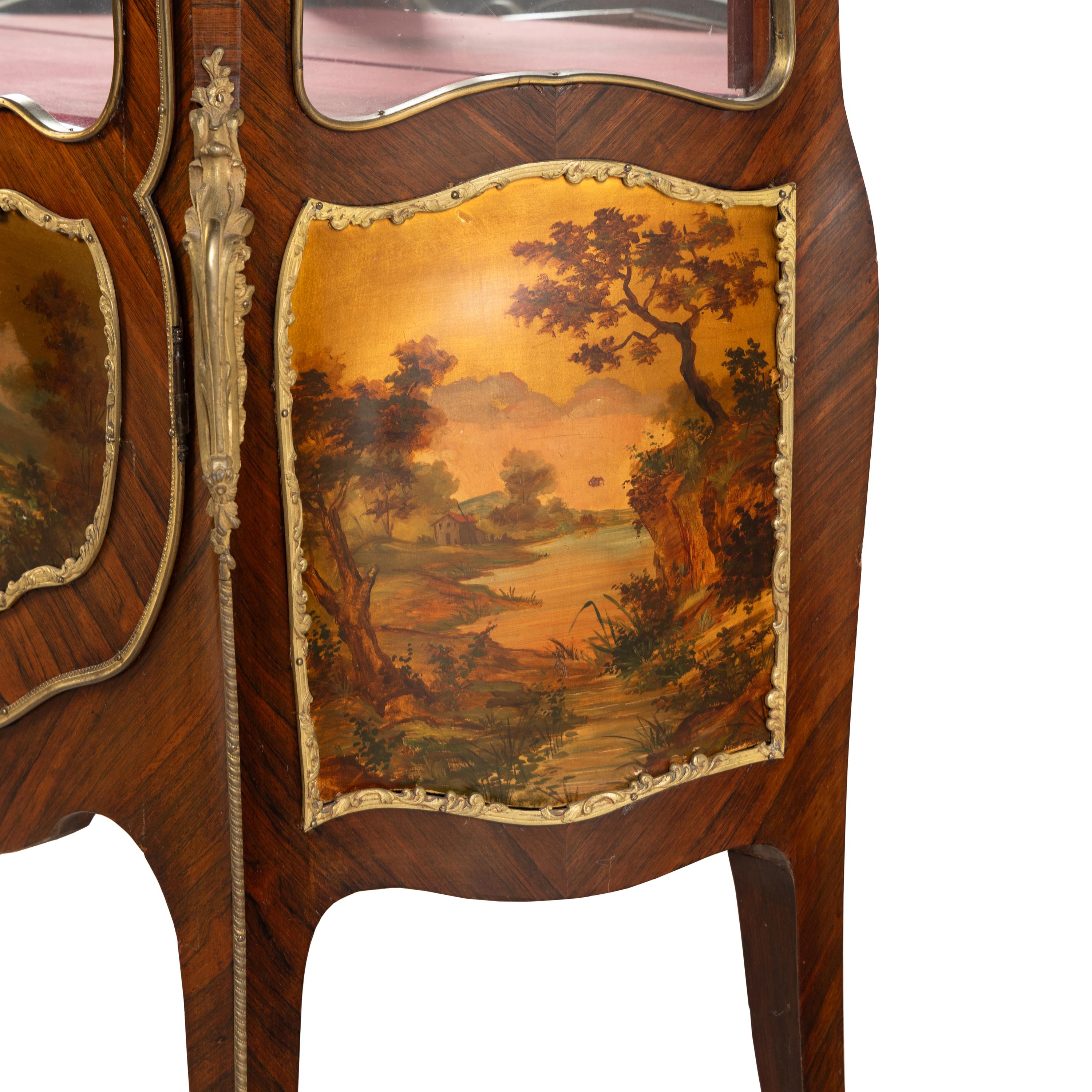 A Pair of Louis XV Style Kingwood, Vernis Martin and Gilt Bronze Mounted Vitrine Cabinets
