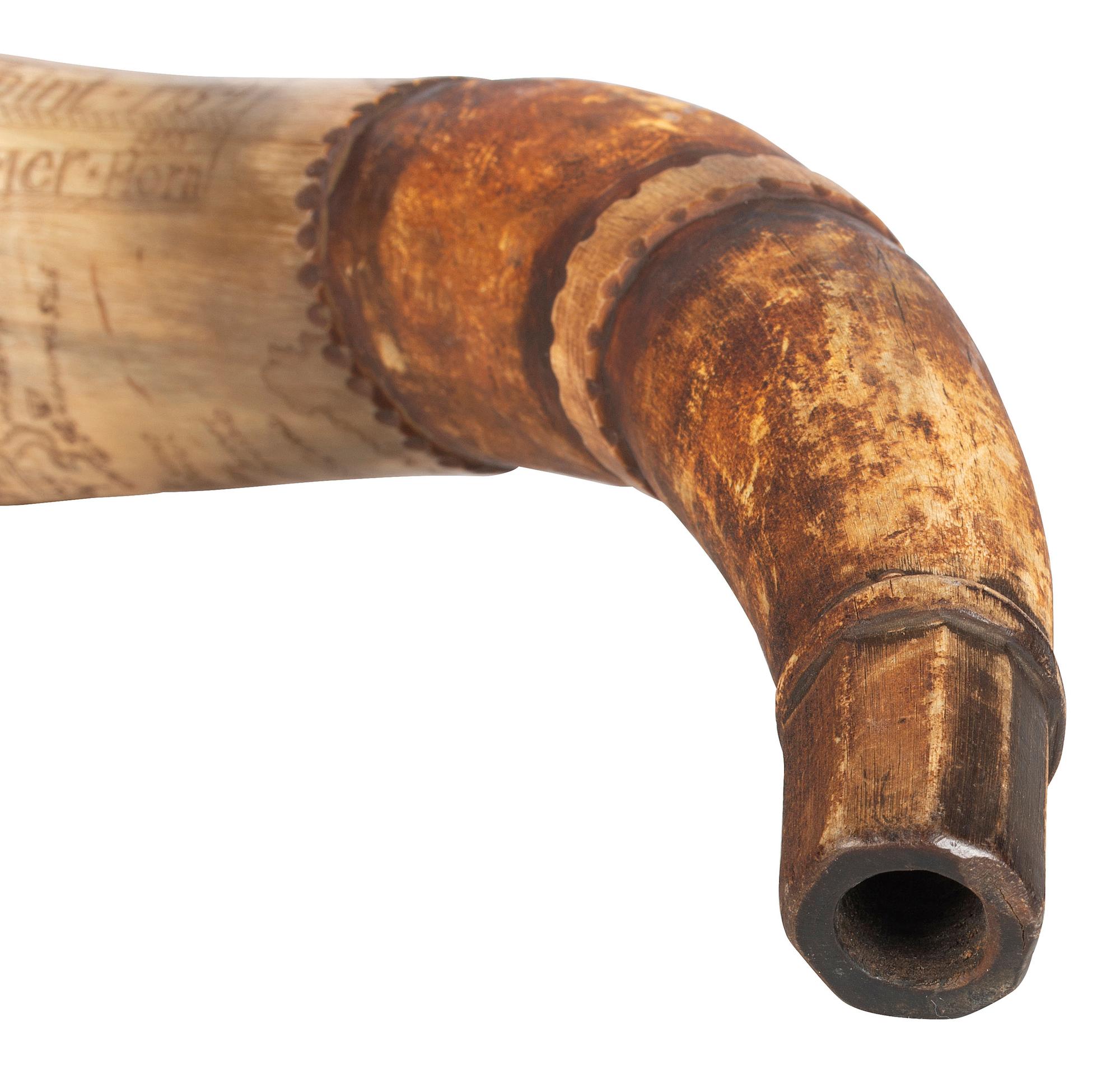 [FRENCH AND INDIAN WAR]. Powder horn featuring fine scrimshaw map of New York, identified to John Hosmer, likely made at Crown Point, 1759.