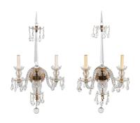 A Pair of Continental Cased and Cut Glass Two Light Sconces