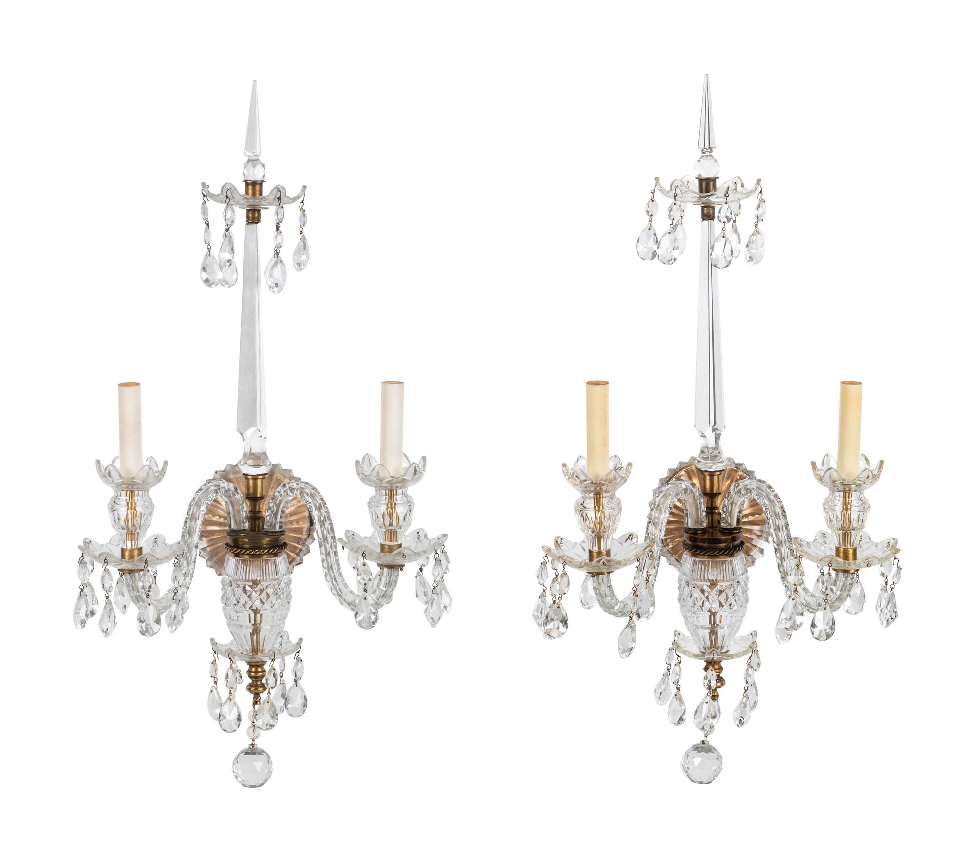 A Pair of Continental Cased and Cut Glass Two Light Sconces