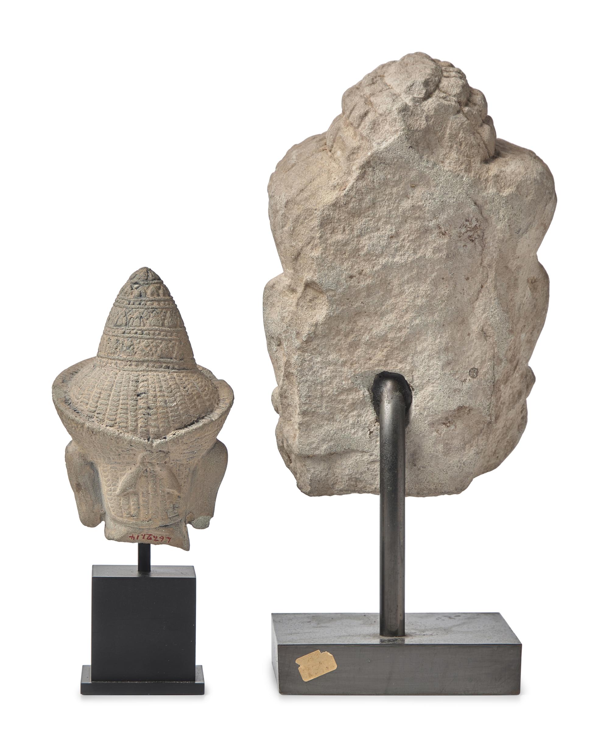 Two Khmer Style Stone Heads of Male Deities