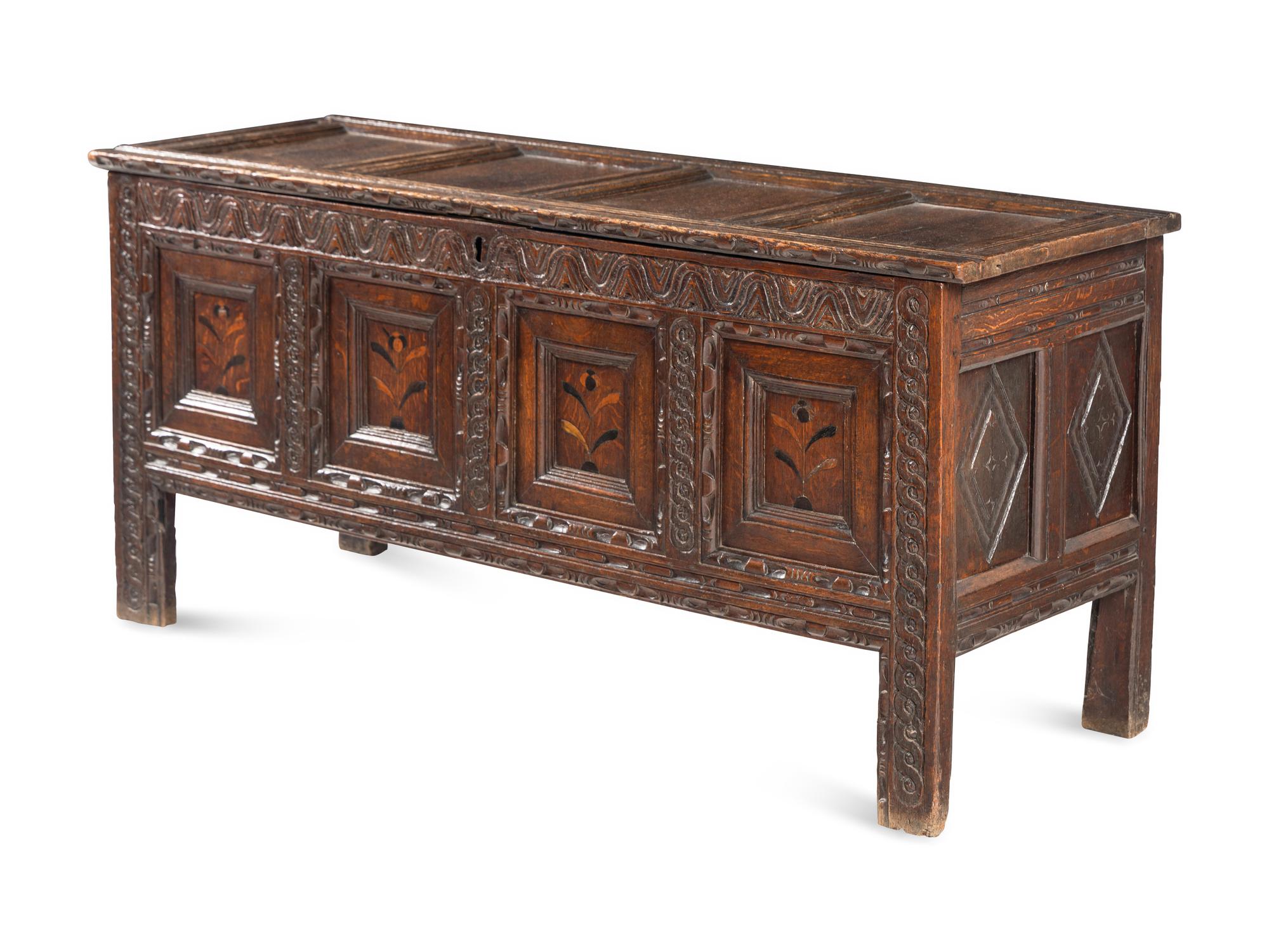 A Charles II Oak and Marquetry Blanket Chest