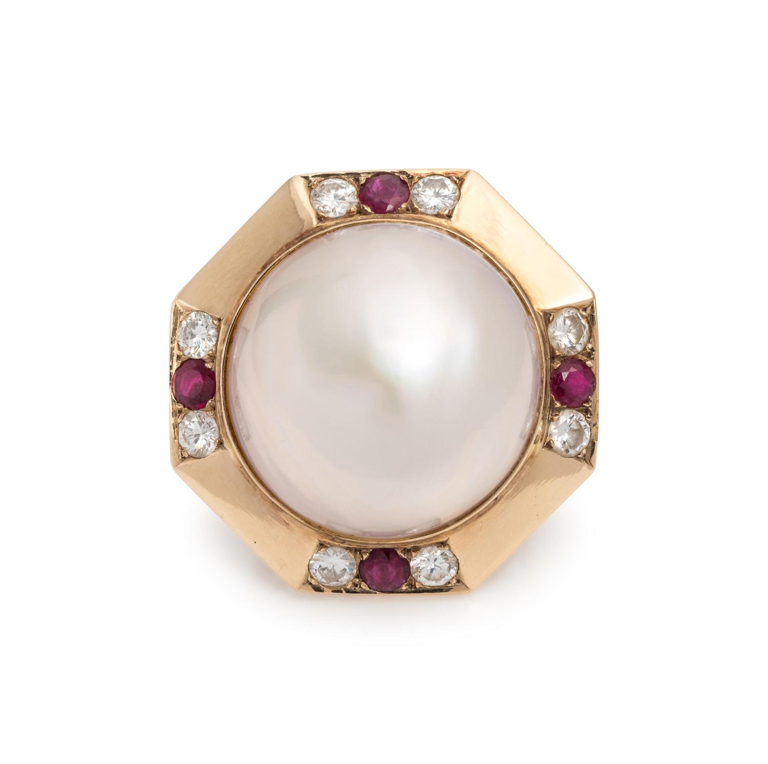 CULTURED MABE PEARL, DIAMOND AND RUBY RING