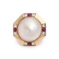 CULTURED MABE PEARL, DIAMOND AND RUBY RING
