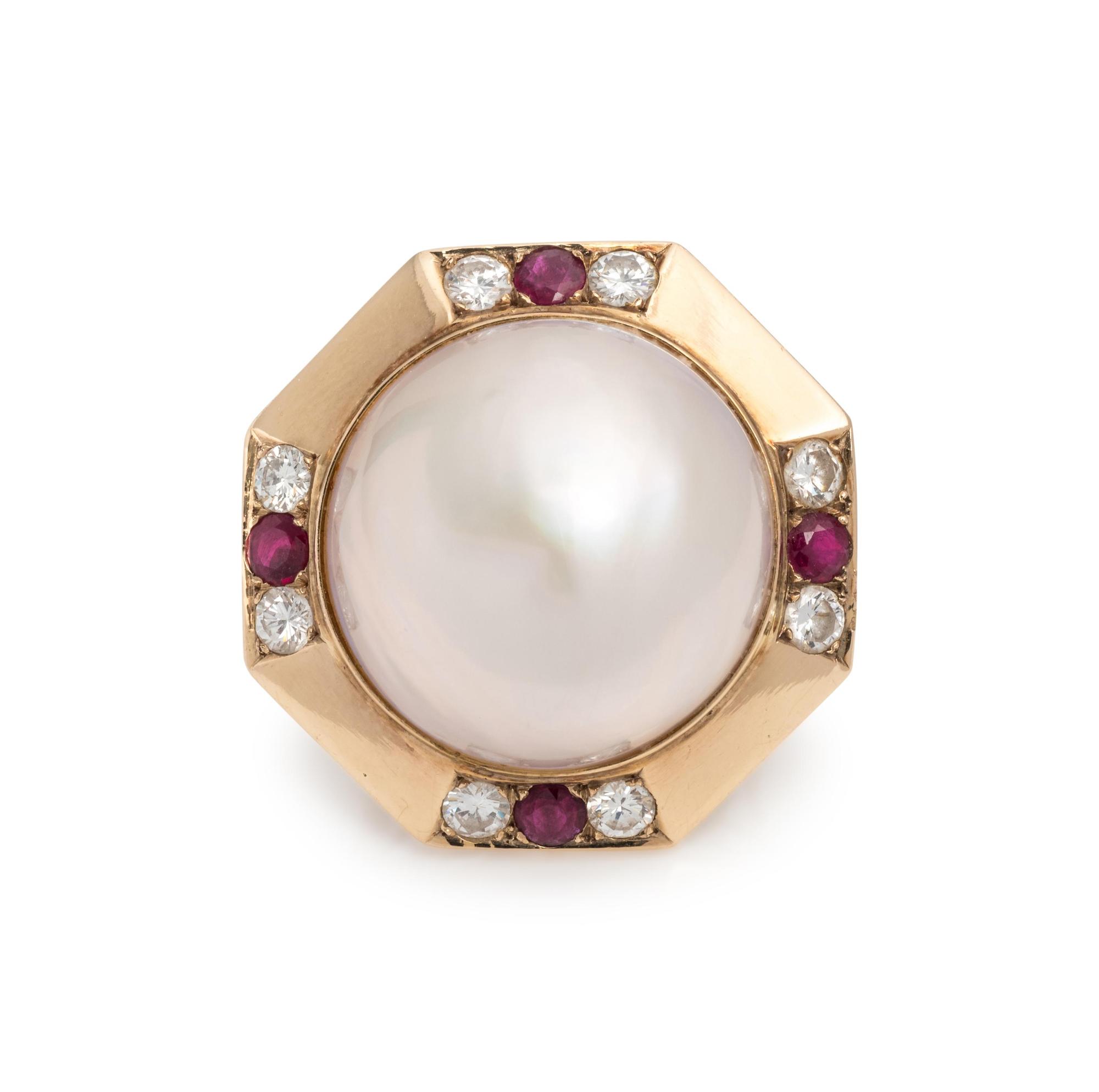 CULTURED MABE PEARL, DIAMOND AND RUBY RING