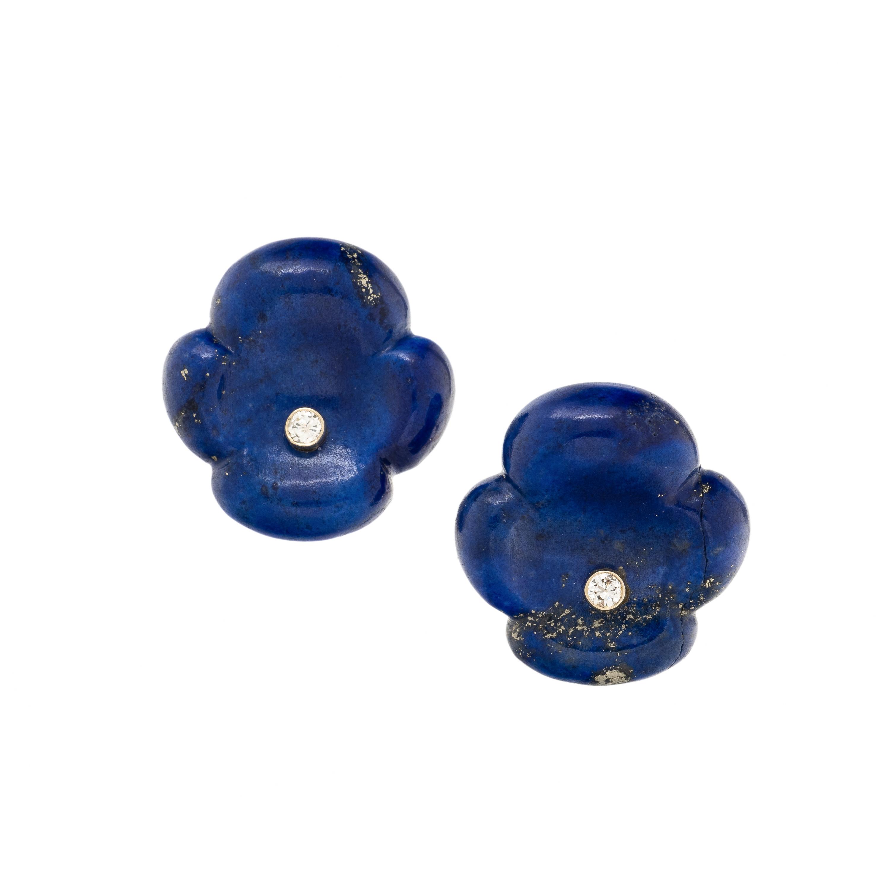 Lapis Lazuli, Diamond, and Yellow Gold Flower Earrings