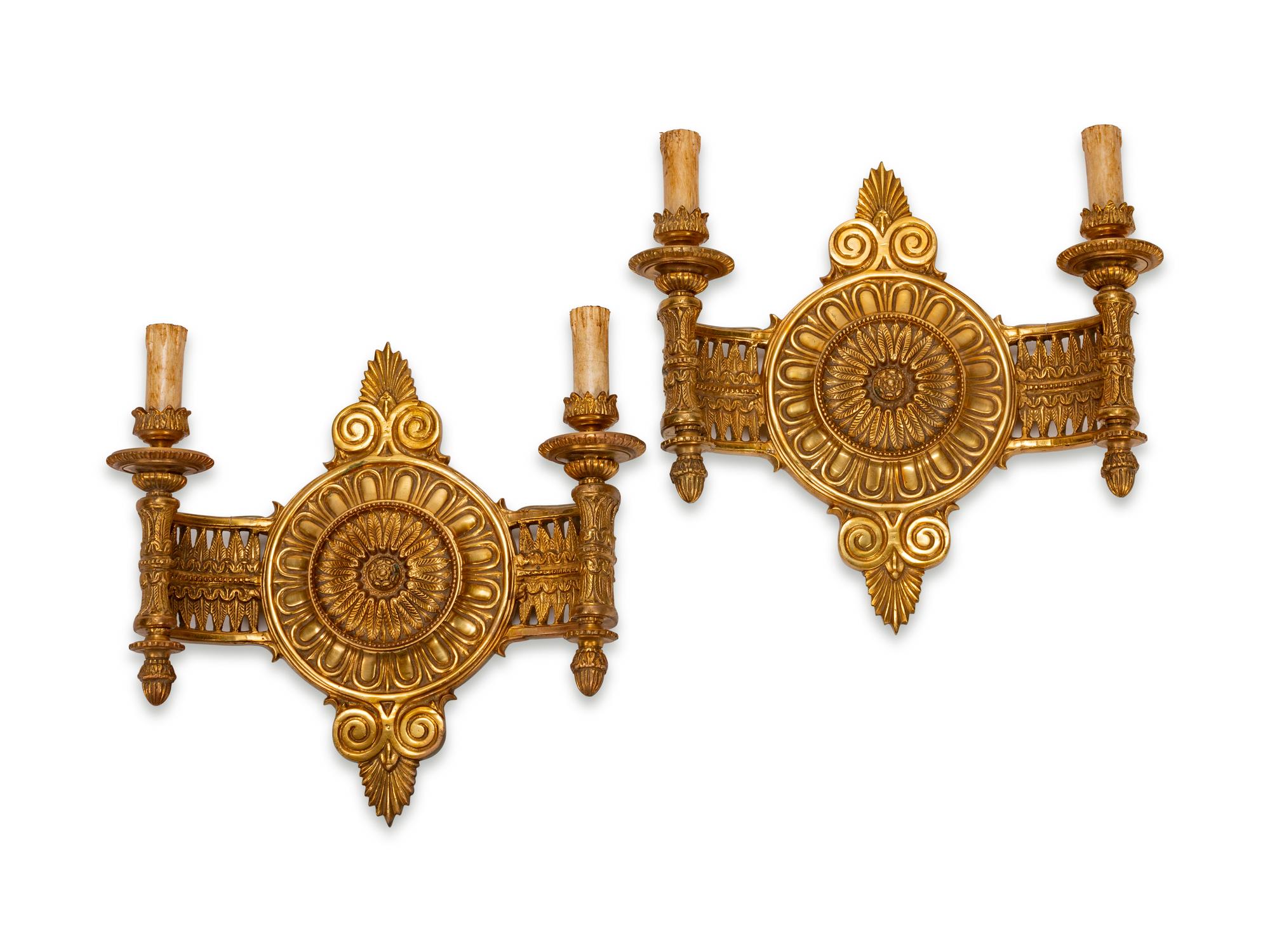 A Pair of Empire Style Gilt-Bronze Two-Light Sconces