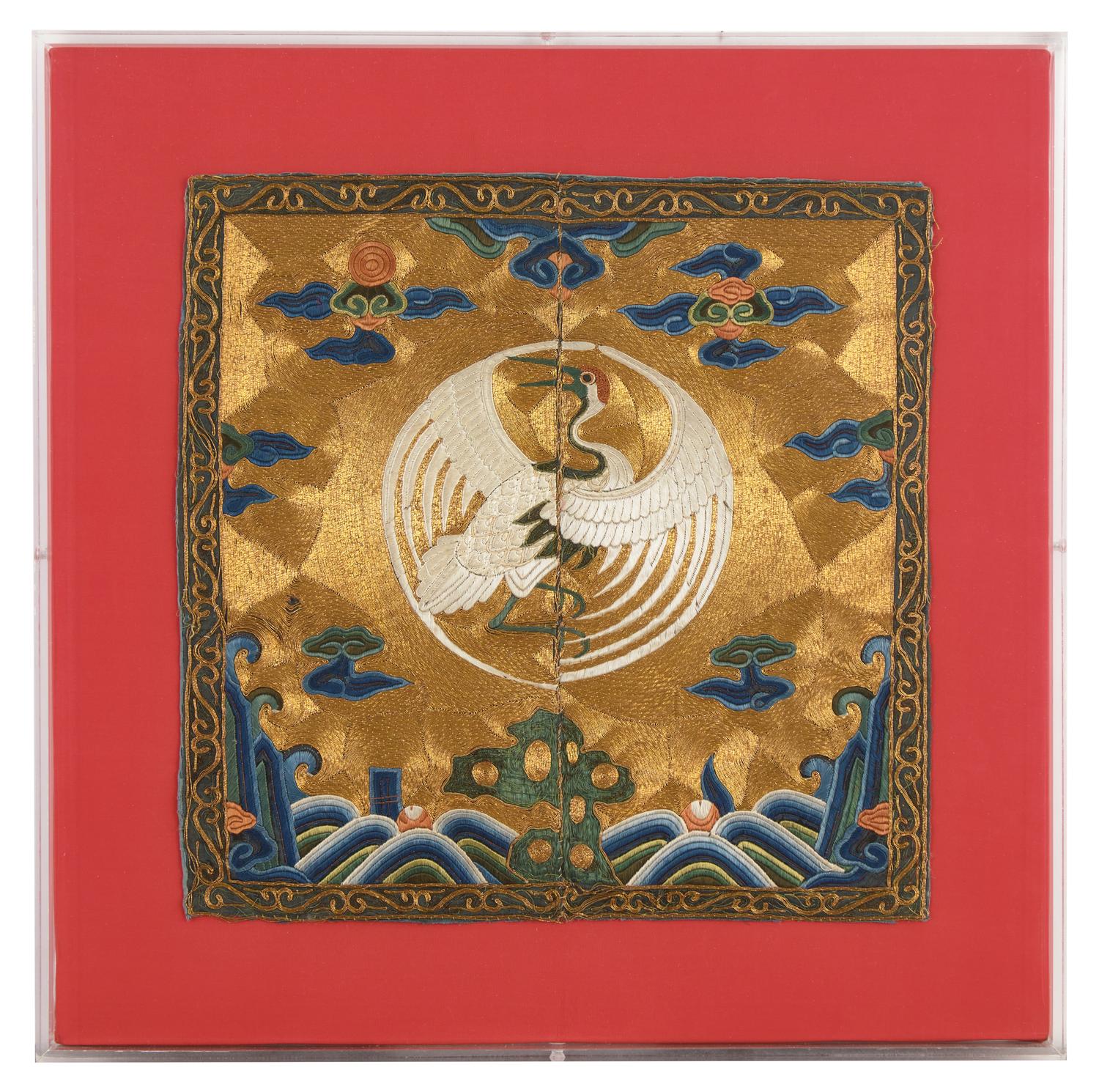 A Chinese Gold Ground 'Crane' Rank Badge, Kangxi Period 清康熙 盤金地緙絲一品文官仙鶴補子