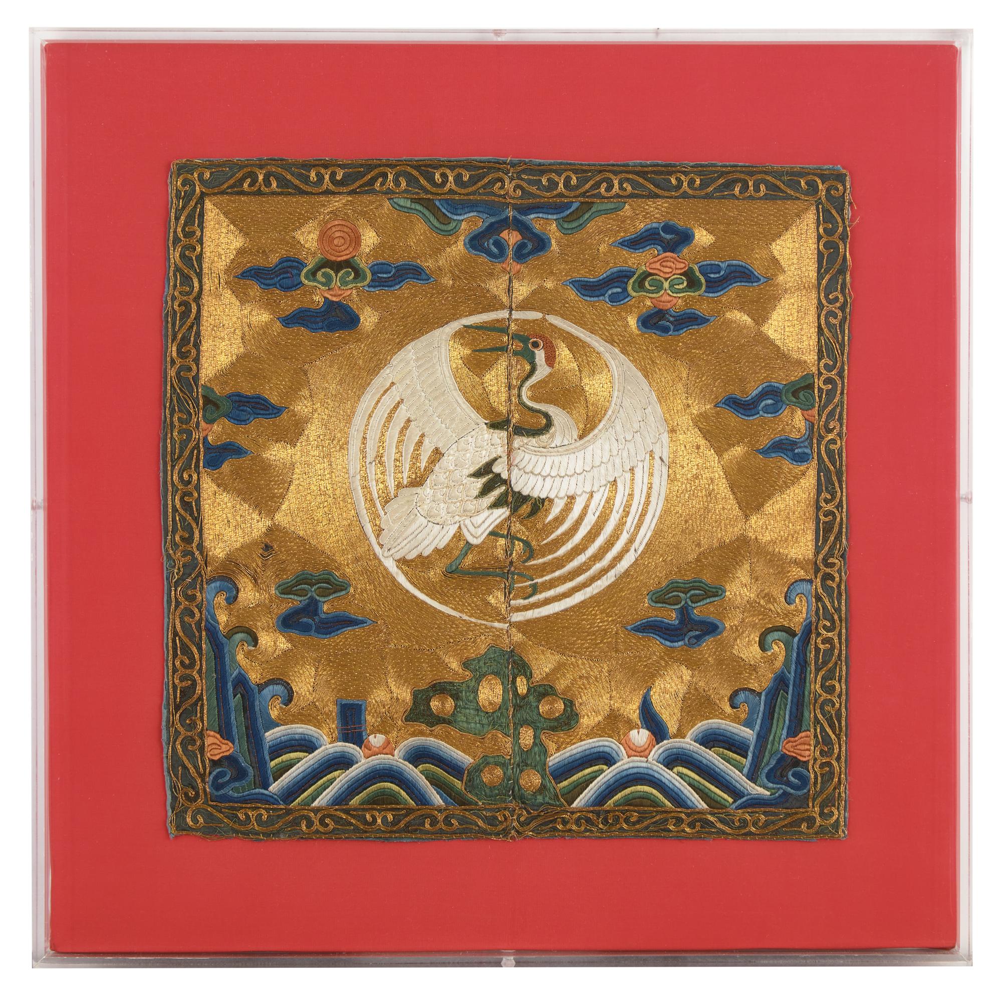 A Chinese Gold Ground 'Crane' Rank Badge, Kangxi Period 清康熙 盤金地緙絲一品文官仙鶴補子