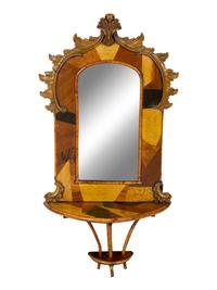 Pair of French Rocaille Specimen Inlaid and Faux Bamboo Hall Mirrors — 20TH CENTURY