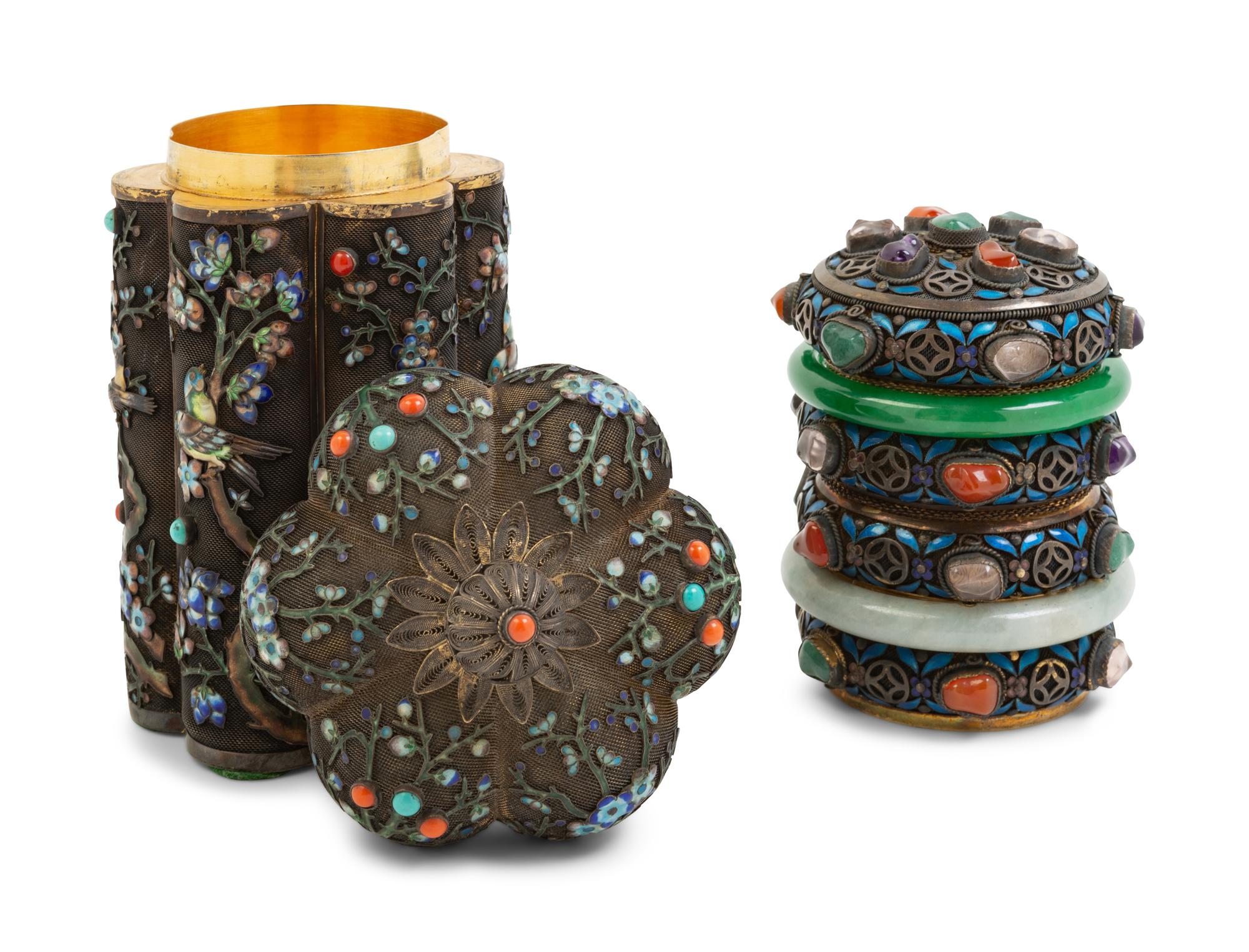 Two Chinese Embellished Silver Gilt Filigree Covered Boxes