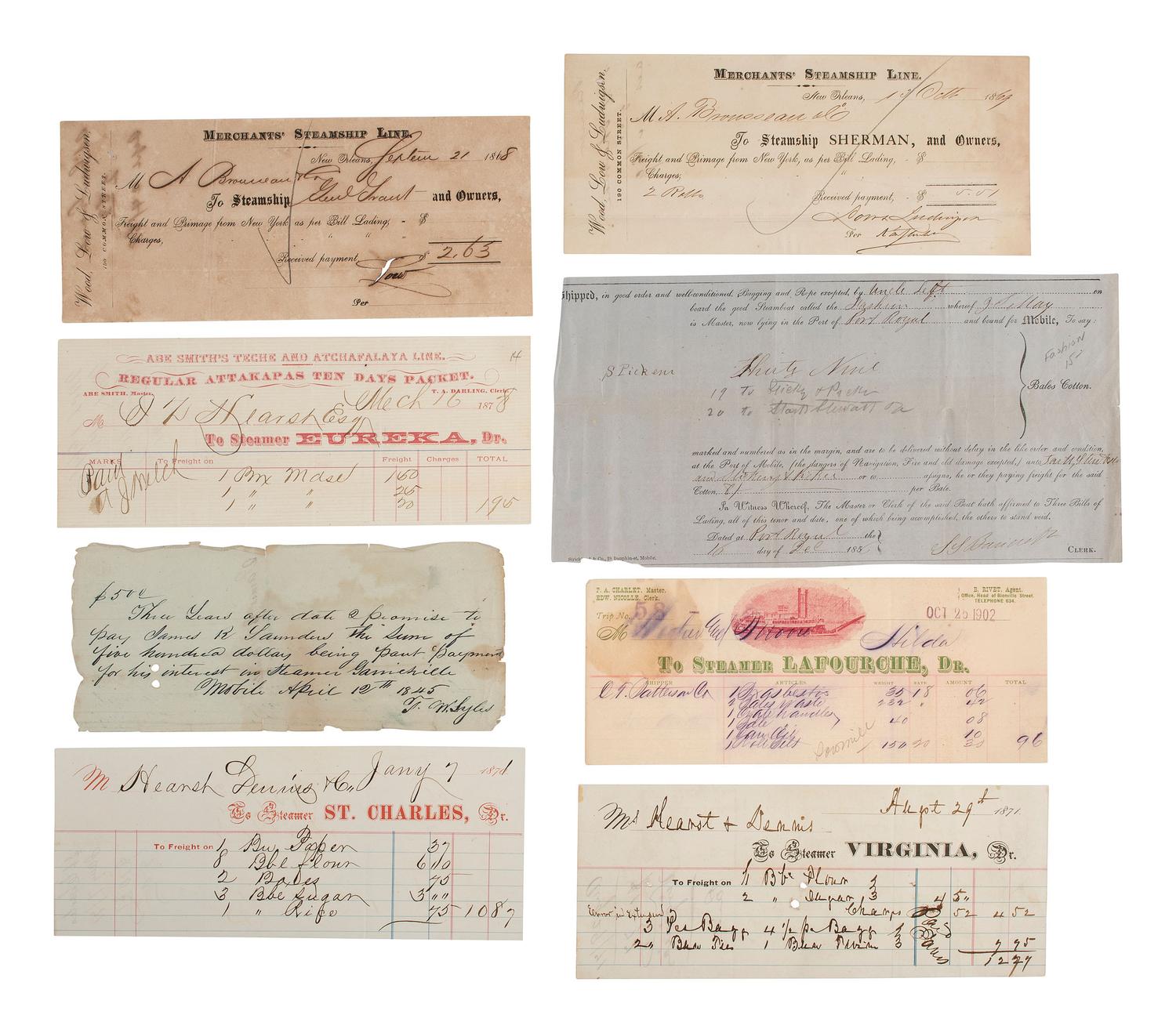 [TRANSPORTATION - SHIPS]. Collection of Trans-Atlantic mail, steamship freight bills. and checks.