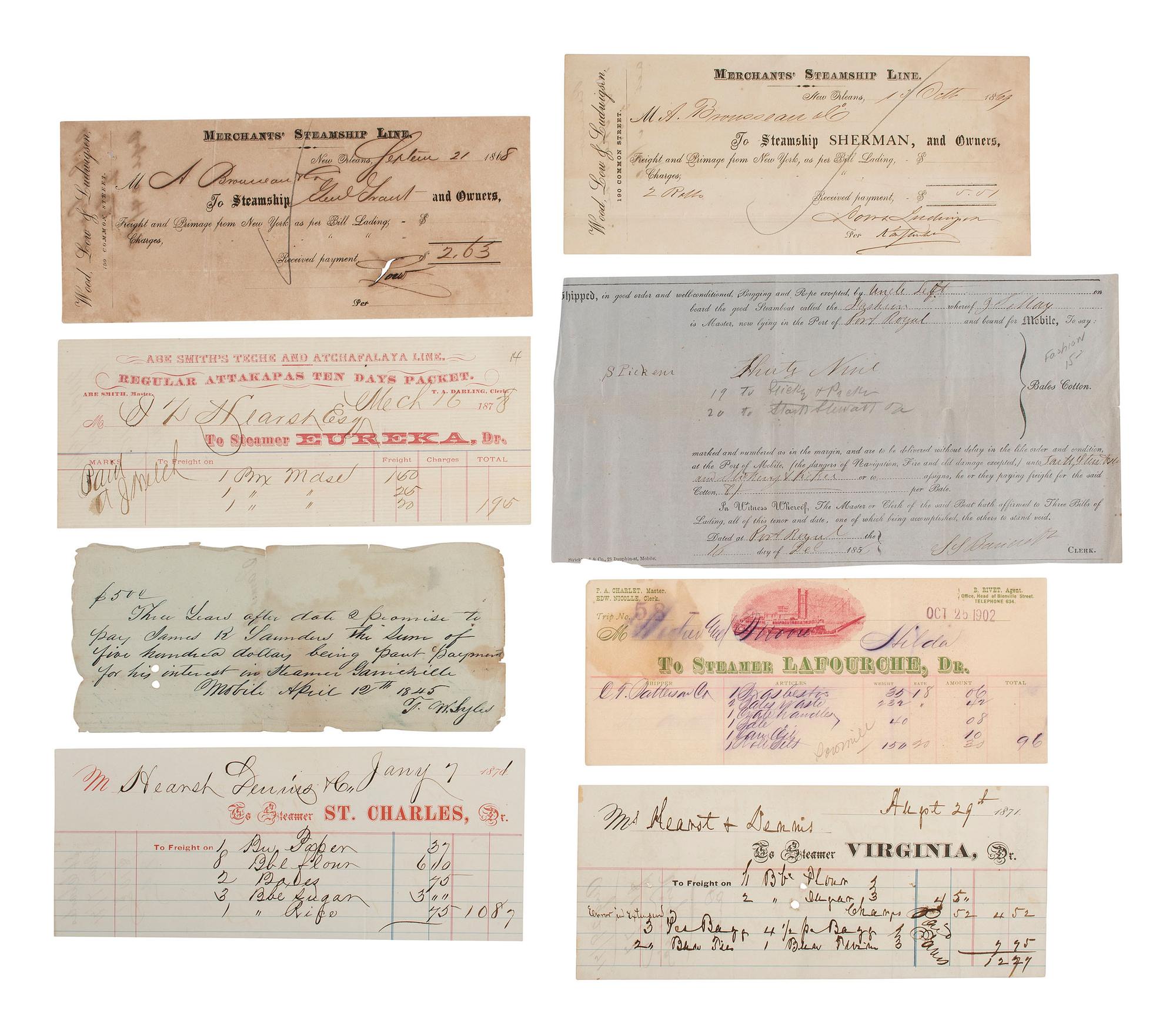 [TRANSPORTATION - SHIPS]. Collection of Trans-Atlantic mail, steamship freight bills. and checks.