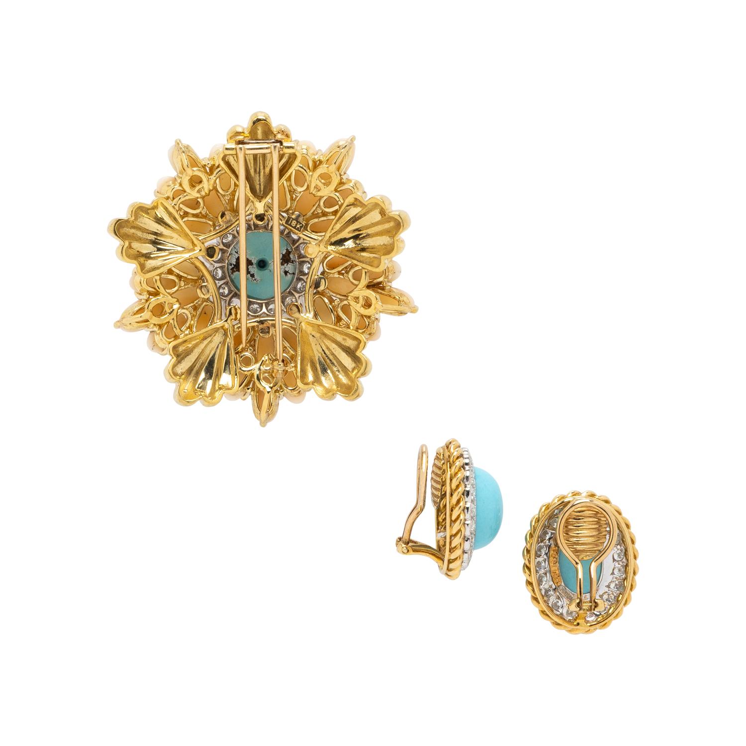 TURQUOISE, CORAL, AND DIAMOND BROOCH AND EARRINGS