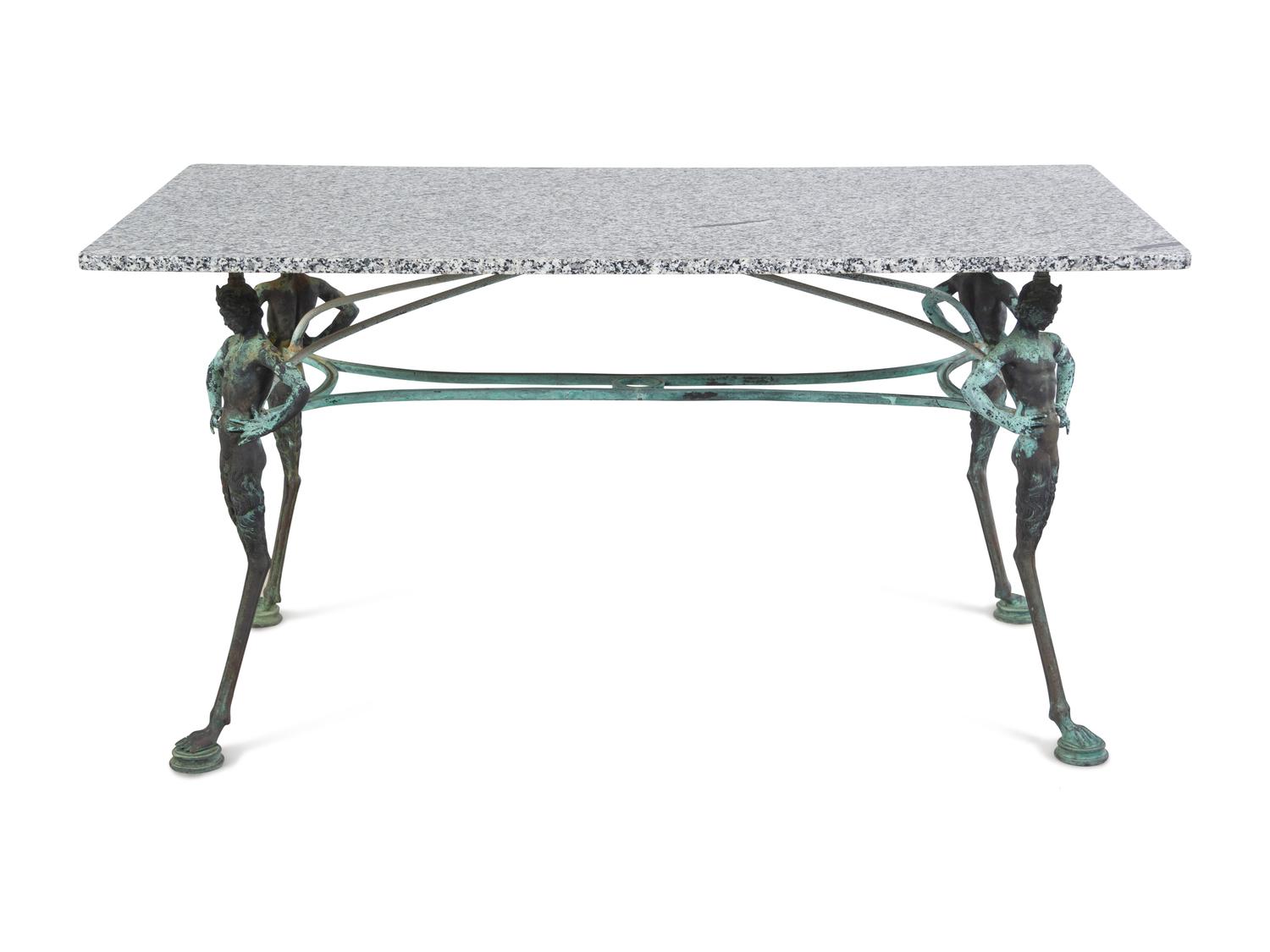 A Neoclassical Style Patinated Cast Metal Granite-Top Table
