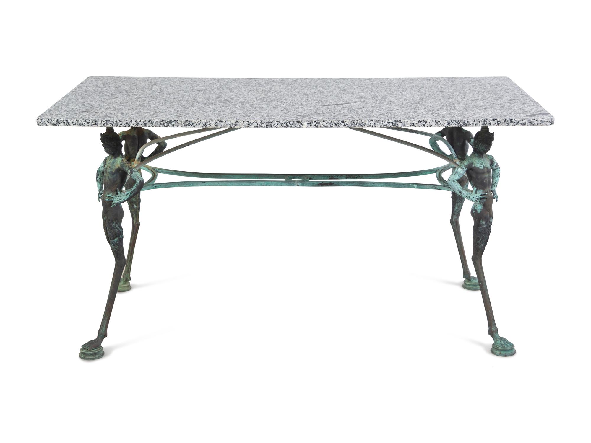 A Neoclassical Style Patinated Cast Metal Granite-Top Table