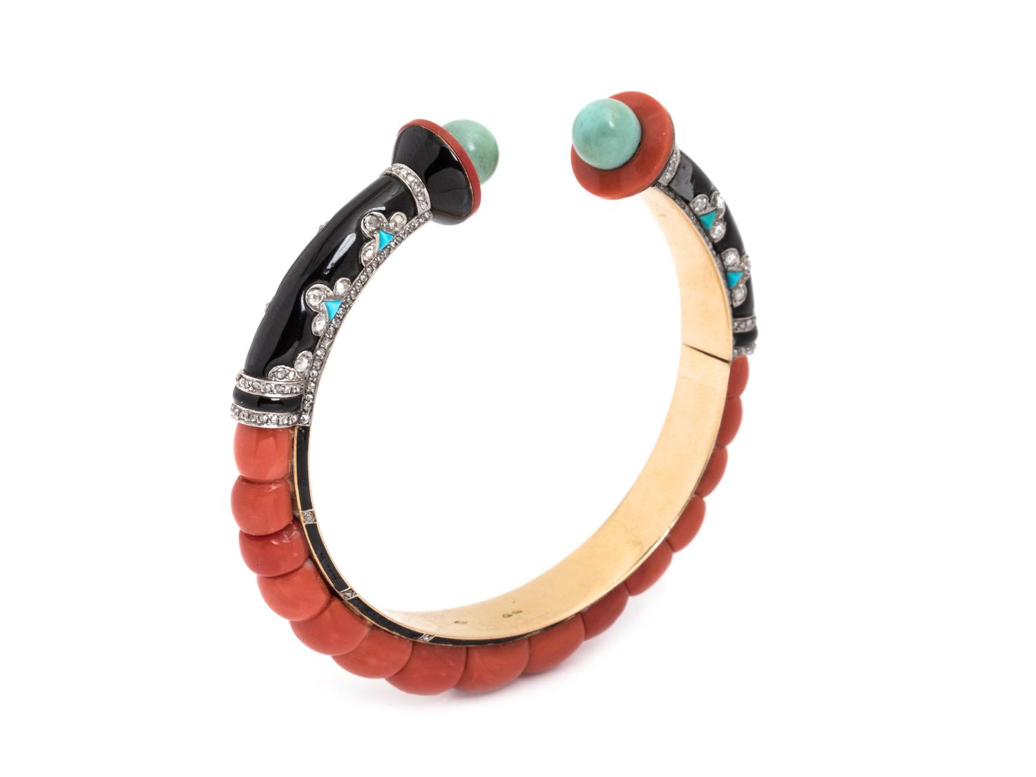 Magnier et Pincon, Art Deco, Coral, Onyx, Turquoise, Diamond and Enamel Cuff Bracelet