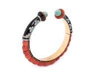 Magnier et Pincon, Art Deco, Coral, Onyx, Turquoise, Diamond and Enamel Cuff Bracelet