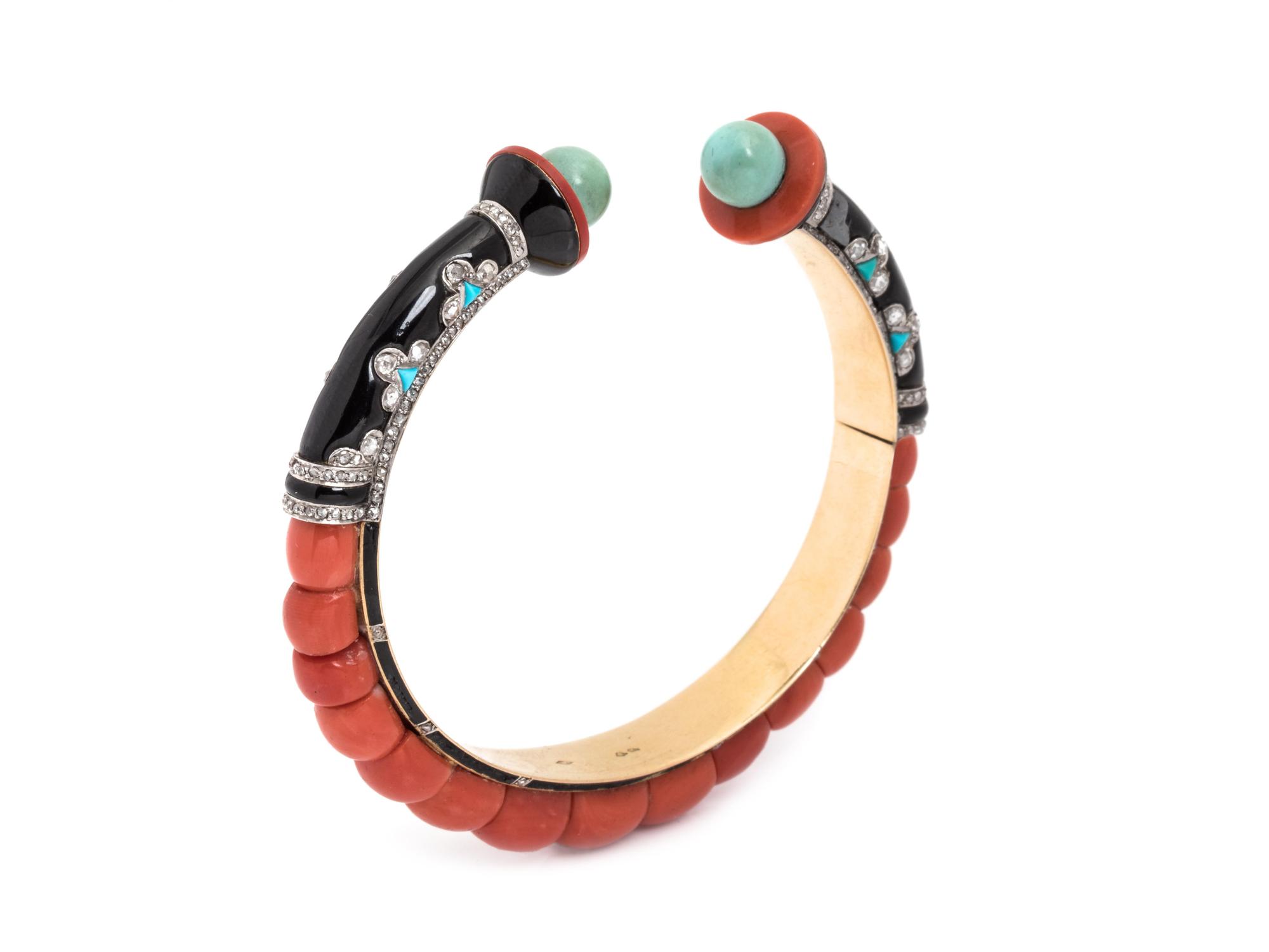 Magnier et Pincon, Art Deco, Coral, Onyx, Turquoise, Diamond and Enamel Cuff Bracelet